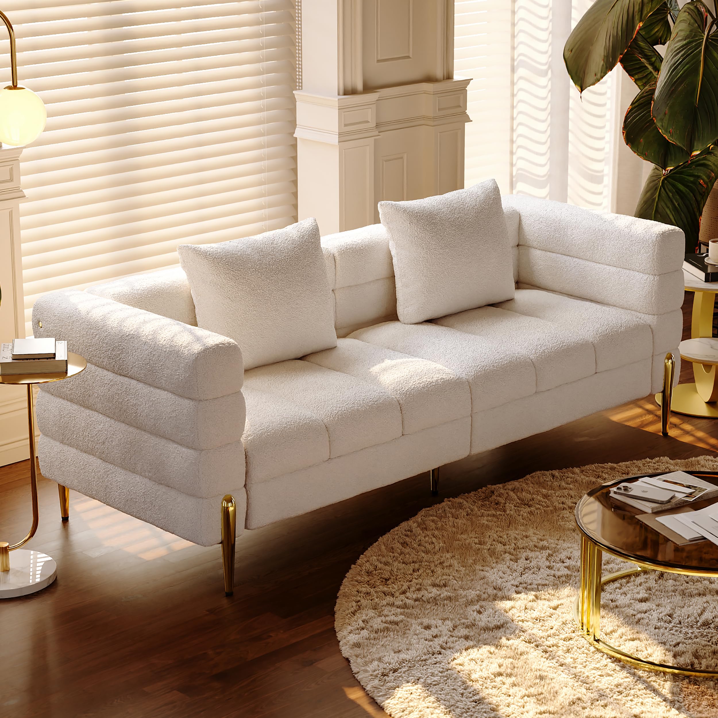 homary Sofa 79 Boucle Upholstered Sofa Modern White Couches for Living Room 3 Seater Sofa Couch with Pillows