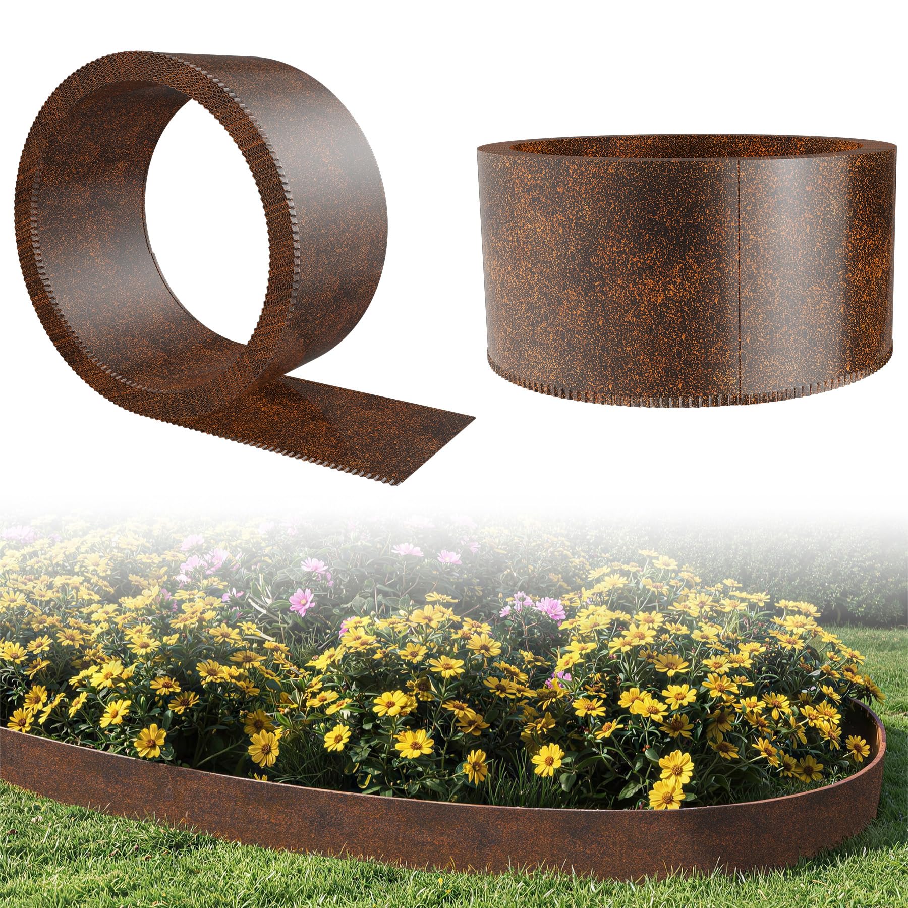 Froadp Beeteinfassung Metall 15m x 15cm, Rasenkante Verzinkt 0,6 mm, Flexible Mähkante Garten, Metall Rasenkanten Beetumrandung für Gartenbeet, Beetbegrenzung, Baumring, Rasenabgrenzung, Rostfarben
