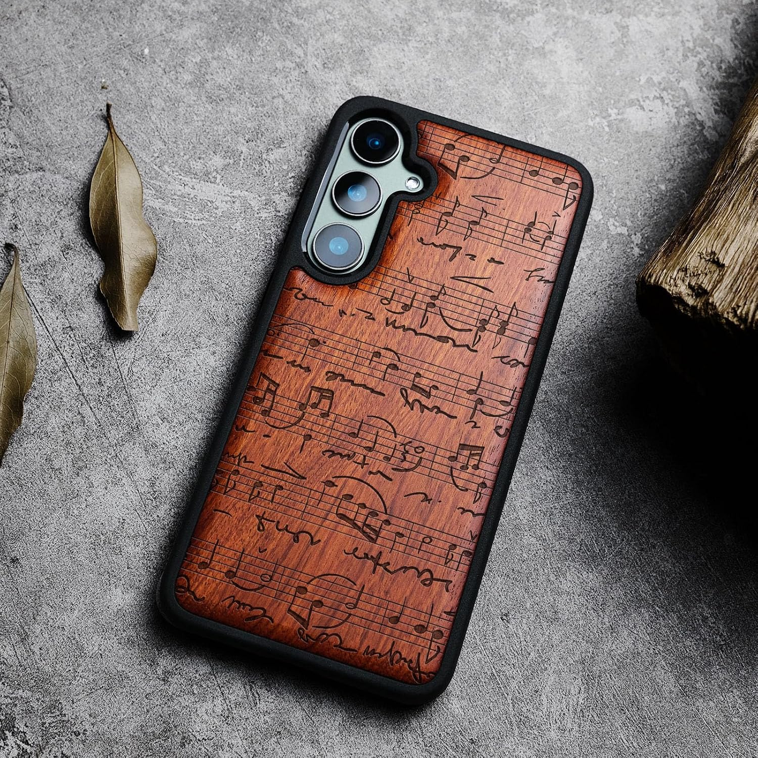 Carveit Wood Case for Galaxy S23 FE Case [Natural Wood & Black Soft TPU] Shockproof Protective Cover Unique Wooden Design Compatible with S23 FE (Sheet Music-Rosy)