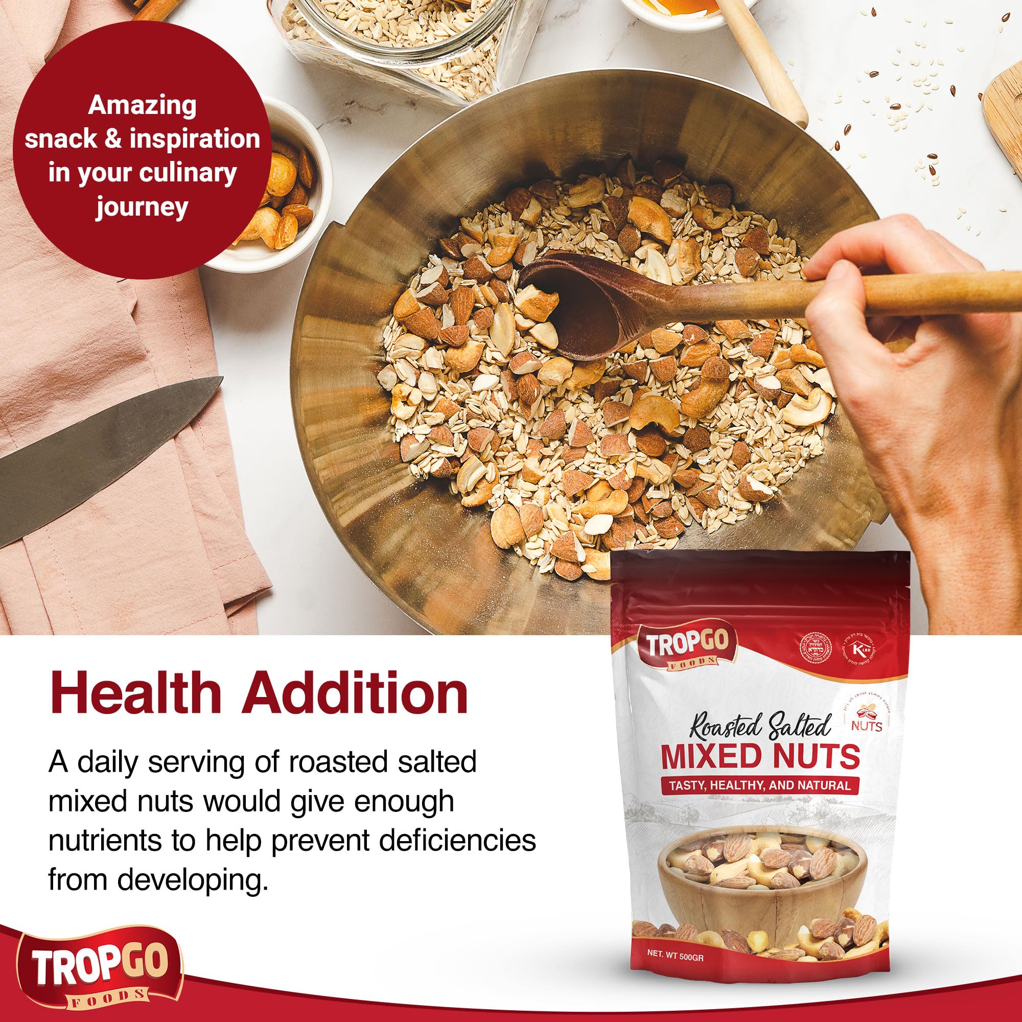 Tropgo Mélange de Noix Grillées Sans Sel 500g x2 – Noix Saines et Fraîches, Riches en Fibres & Protéines – Idéal en Snack – Amandes, Cajou, Noix du Brésil, Cacahuètes & Noisettes