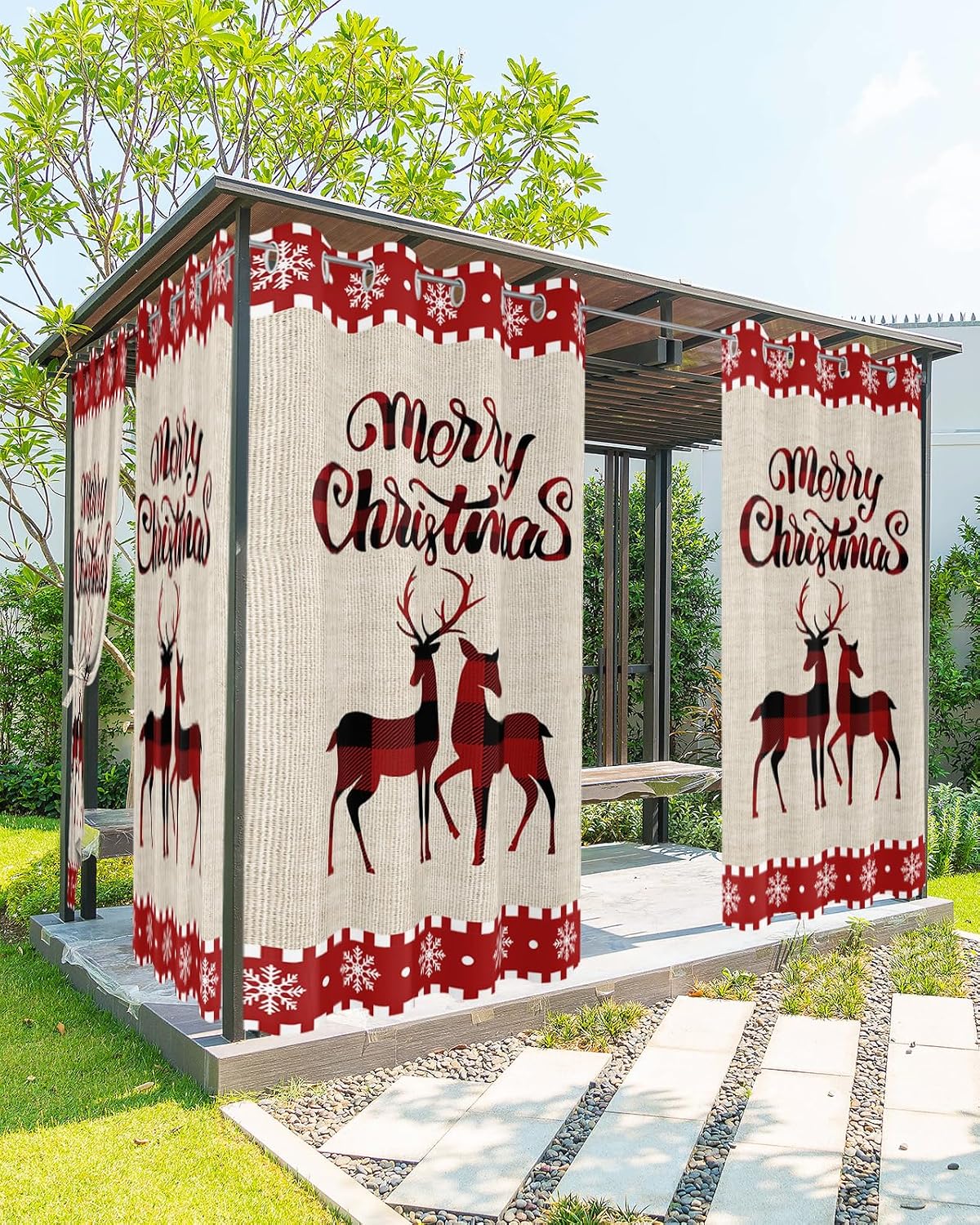 Indoor Outdoor Curtains for Patio Merry Christmas Red Buffalo Check Plaid Elk Xmas Outside Curtains Waterproof Grommet Privacy Drapes Light Filter Curtain for Porch Pergola Gazebo 52"Wx95"L 1 Panel