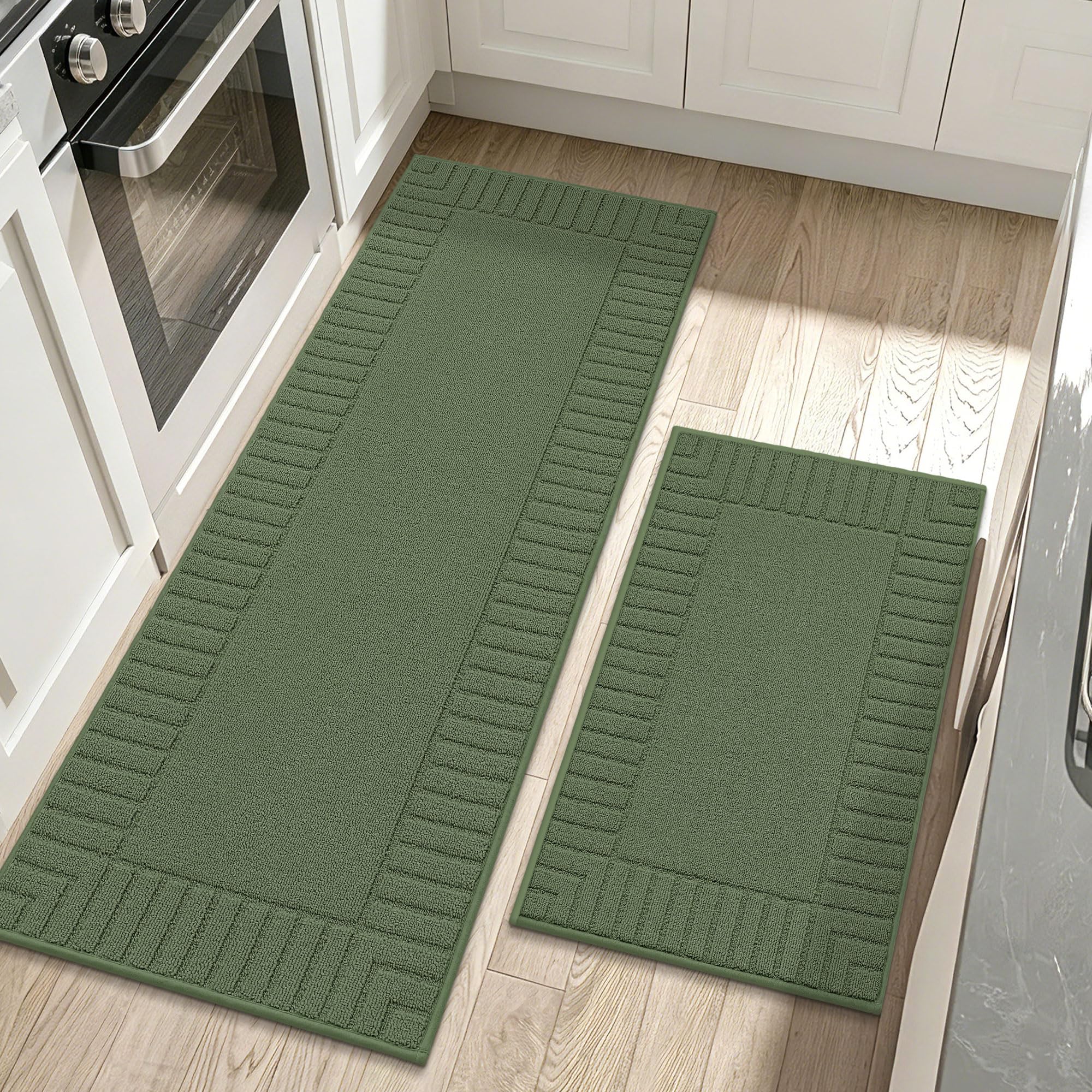 BEQHAUSE Kitchen Rugs Washable Kitchen Mats Floor Non-Slip Kitchen Mats Absorbent Kitchen Runner with TPR Non Skid Backing,Set of 2(60X89cm+60X152cm,Green)
