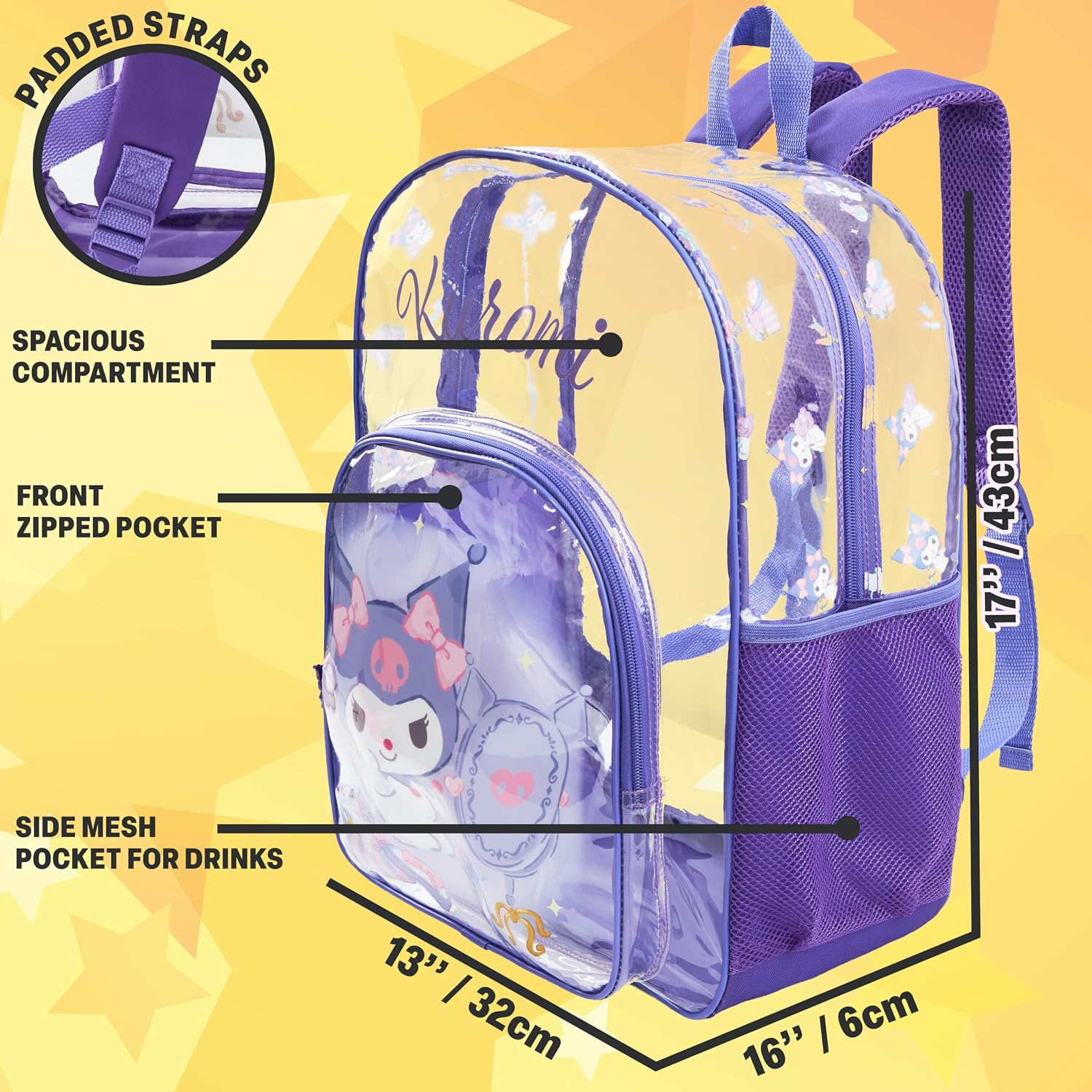 Get Trend Kuromi Sanrio Girls Clear Backpack, 17 inch Transparent School Bookbag, See Through Travel Bag with Straps, Kawaii Gifts for Girls (Black/Purple Kuromi) image 4