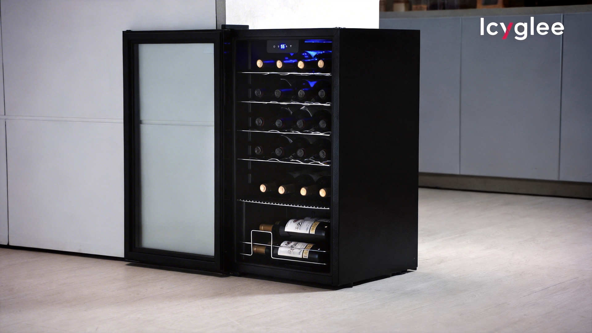Image of Icyglee 25 Bottle Compressor Wine Cooler Refrigerator, Freestanding Wine Cellar with 41-64F Adjust Temp & Double-layer Glass Door for Red and White, Wine Cooler for Home Bar, Black
