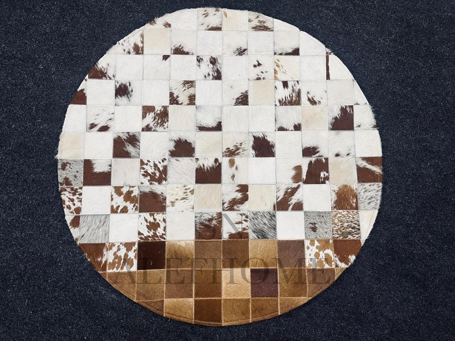 Cowhide Round Leather Rug 4X4 Feet for Living Room Bedroom | Durable Luxury Leather Area Rug for Contemporary Farmhouse Home Decor