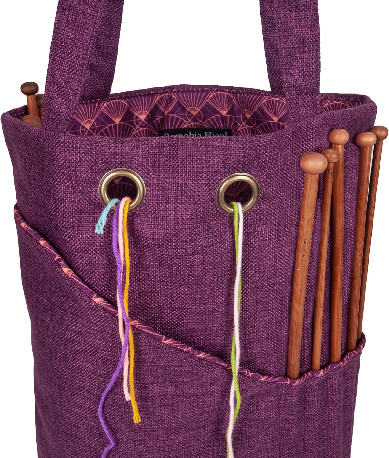 Linen Knitting Project Tote Bag,Portable Yarn Storage Bag for Crochet Accessories/Needles,Crochet Hooks Organizer,Knitting Bag for Crochet Lovers (Purple)