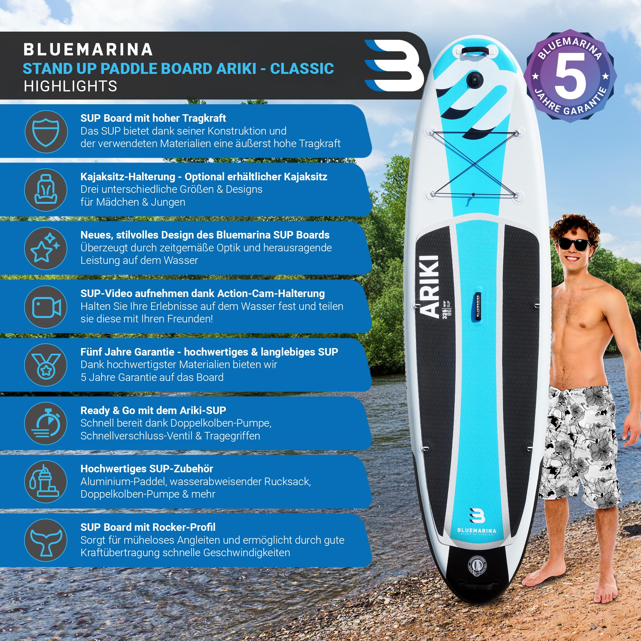 Bluemarina Stand Up Paddling Board Ariki | SUP - 𝟓 𝐉𝐀𝐇𝐑𝐄 𝐆𝐀𝐑𝐀𝐍𝐓𝐈𝐄 - SUP Board - Stand Up Paddle - Standup Paddle Board - Surfbrett | 305x76x13,5cm | 325x86x16,5cm