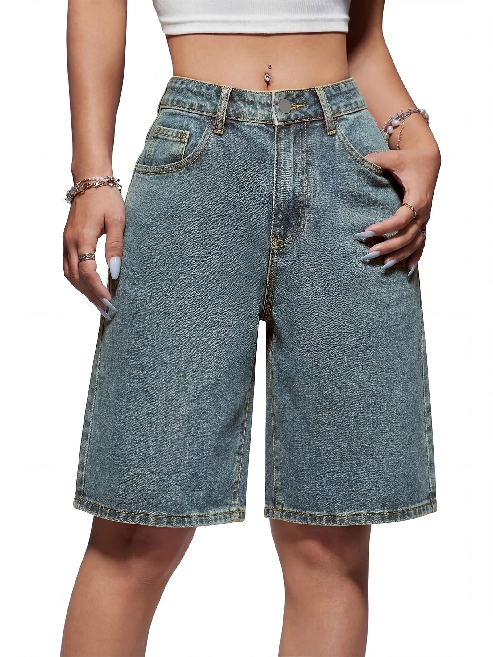 EMMIOL Damen-Jorts, Baggy-Jeans, Jorts, Outfits, mittel-niedrige Taille, Denim-Shorts, Y2K-Shorts, Sommer, heiße kurze Hose, Streetwear