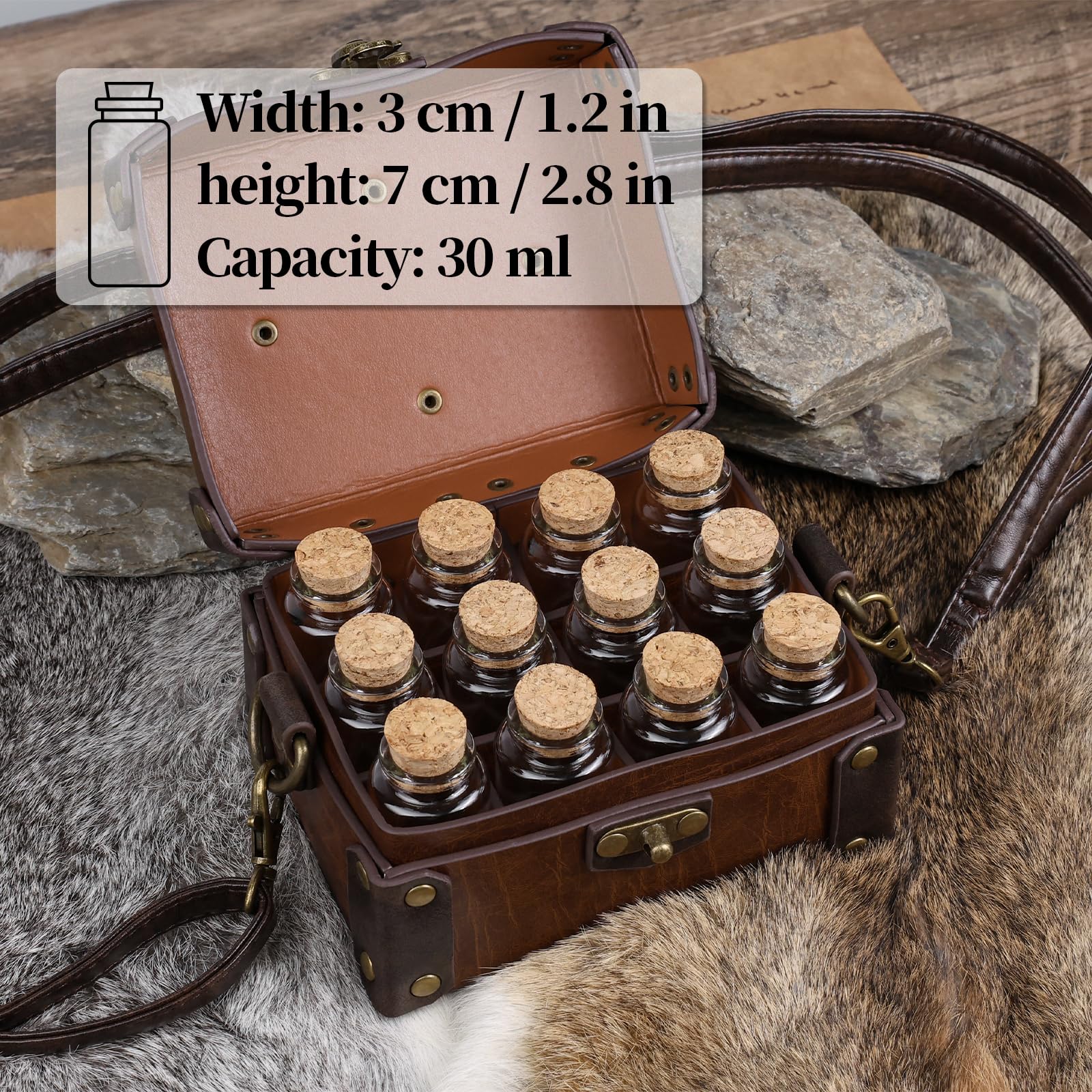 HiiFeuer Medieval Faux Leather Alchemy Box with 12 Cork Potion Vials, Fantasy Portable Crossbody Bag Jewelry Dnd Dice Holder (Brown A) - Image 3