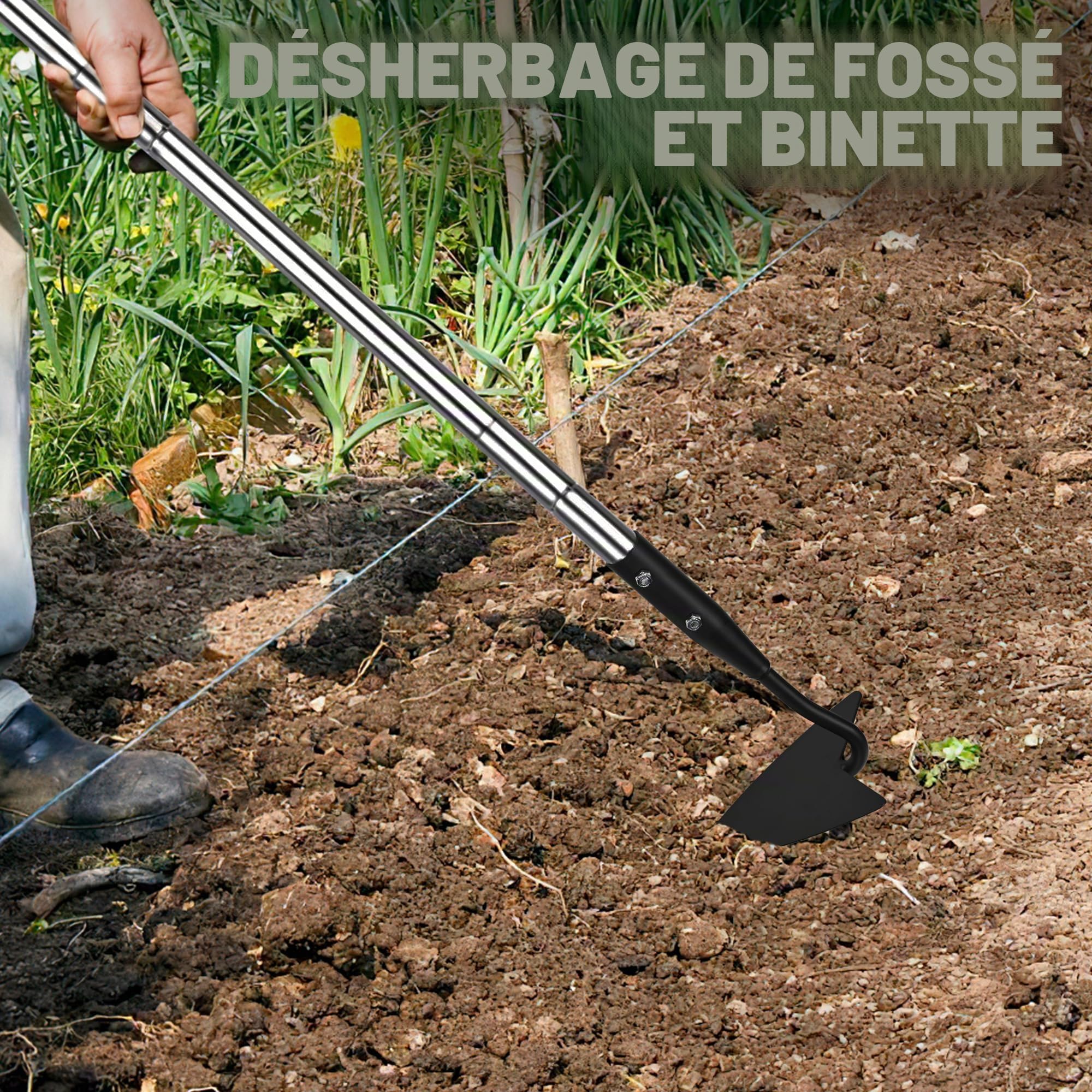 YEELOR Warren – Binette de jardin triangulaire en acier au carbone avec long manche réglable en acier inoxydable de 144,8 cm – Outil à main de jardinage robuste pour faîtage, désherbage, bêchage