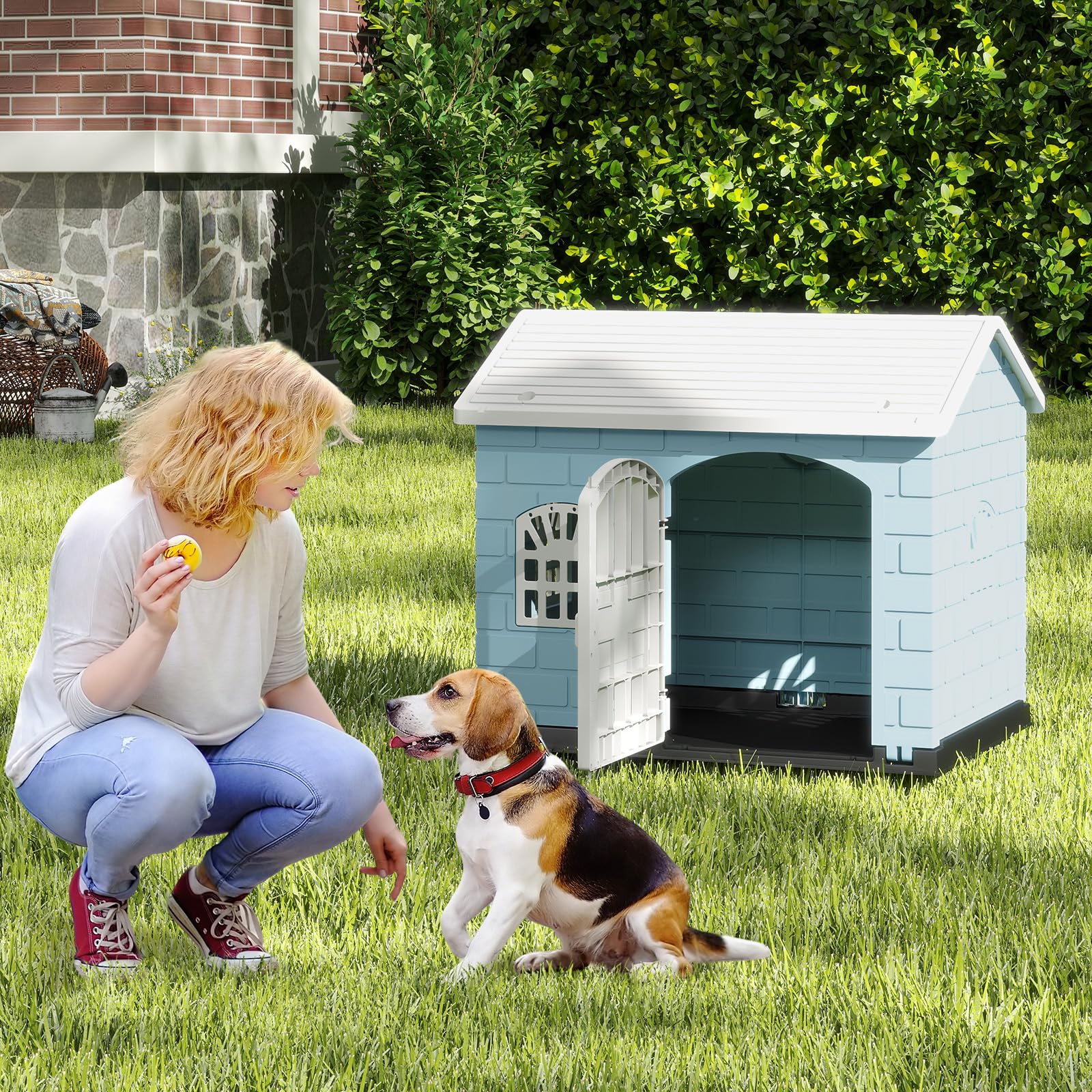 GOPLUS Niche pour Chien Exterieur XXL en PP, Cabane Chien Imperméable&Ventilé, Maison pour Chiot Interieur avec Porte, 3 Fenêtres, Toit Incliné, Plancher Surélevé (Bleu, 75x58x65CM)