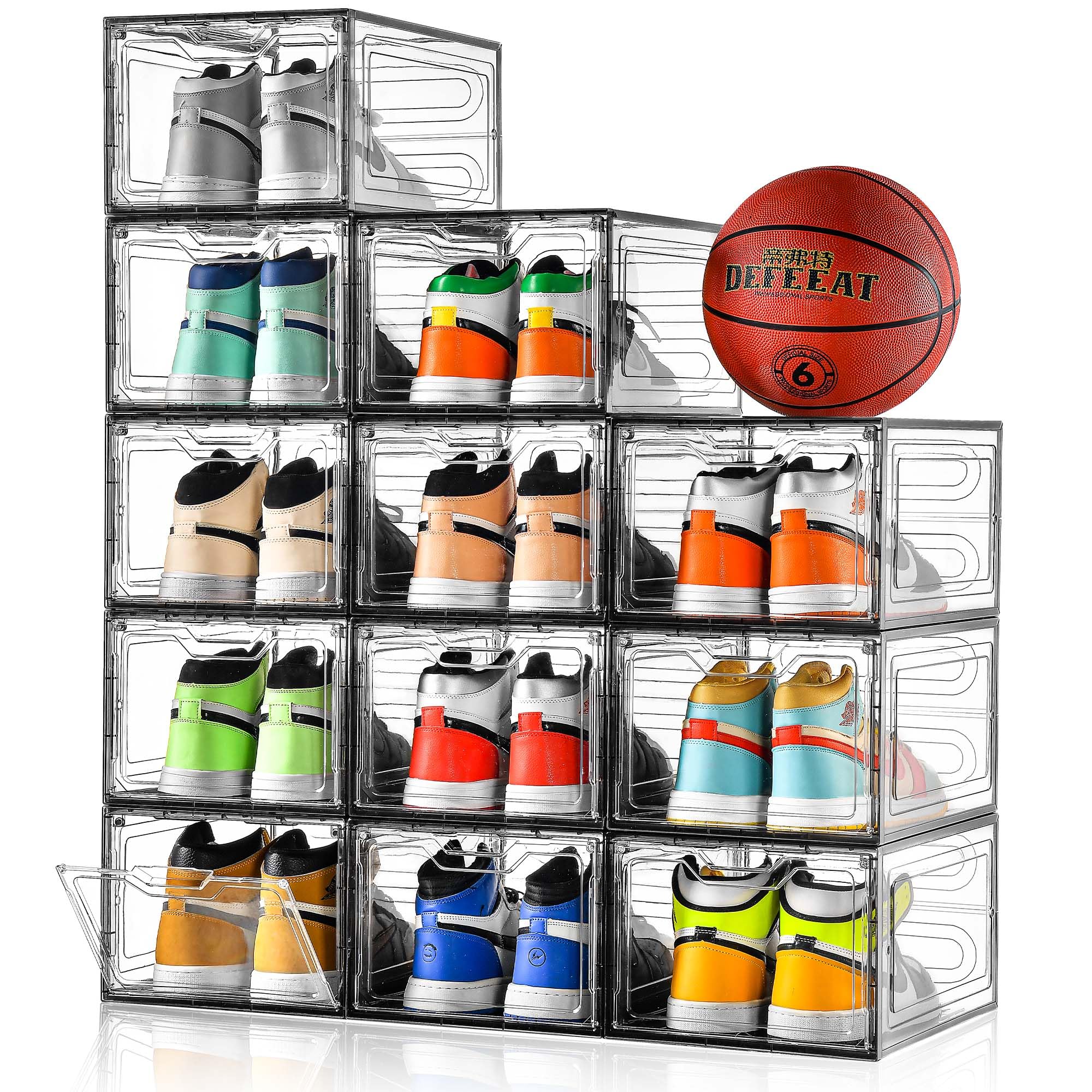 12 Pack Shoe Boxes Shoes Organizer, Shoe Storage Organizer Boxes with Magnetic Door, Clear Shoe Organizers Sneaker Storage Shoe Box for Women/Men, Fit up to US Size 12