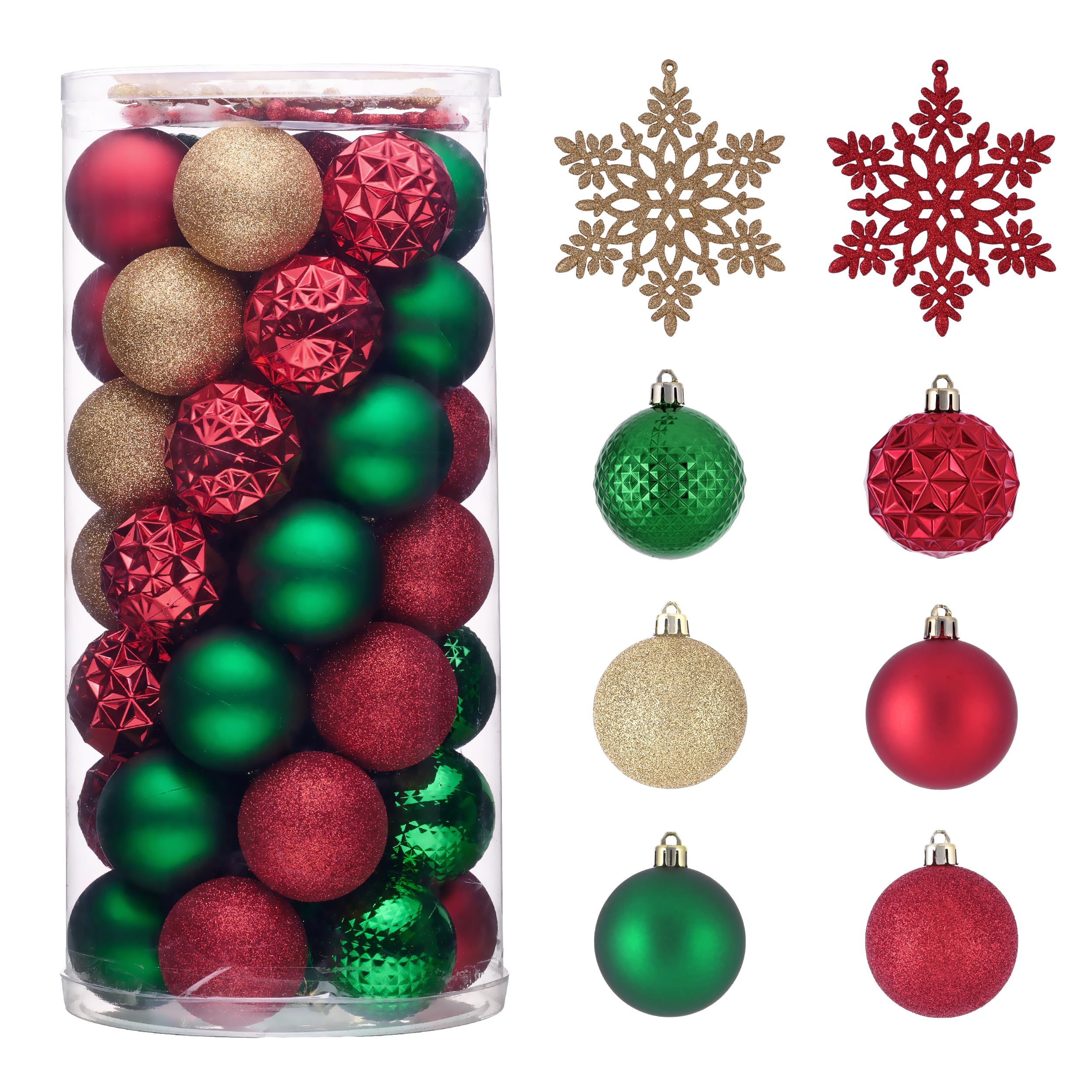 Valery Madelyn Lot de 50 boules de Noël en plastique avec crochet de suspension, 5 cm, rouge, vert, doré, décoration de sapin de Noël, avec flocons de neige incassables, décoration de Noël