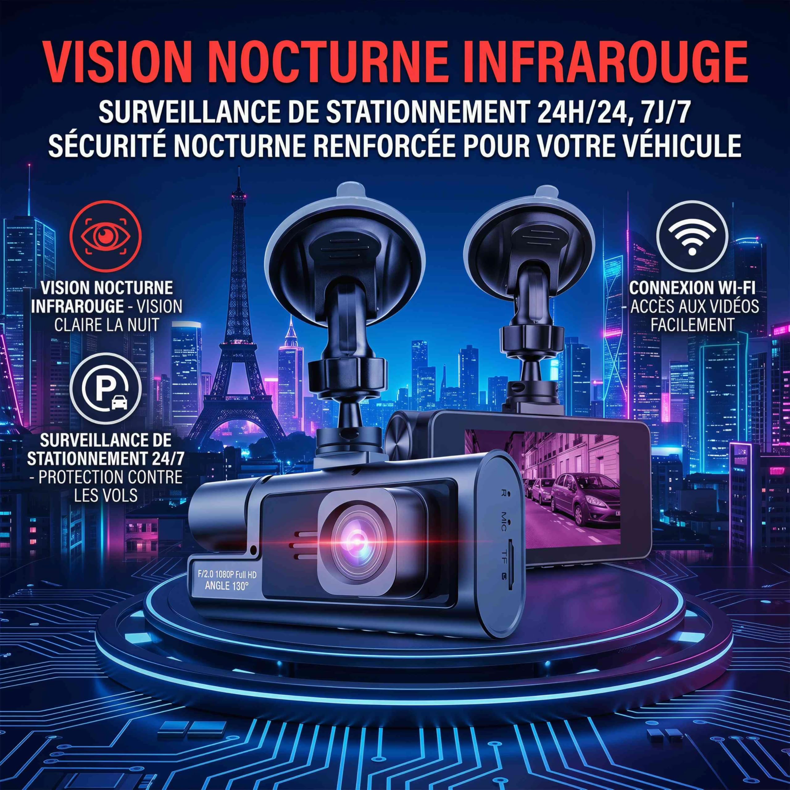 Telecamera Dashcam 3 telecamere 1080P Full HD | Massima sicurezza a 360° senza angolo morto, visione notturna e parcheggio monitorato, WiFi integrato rilevamento del movimento, ideale per i conducenti