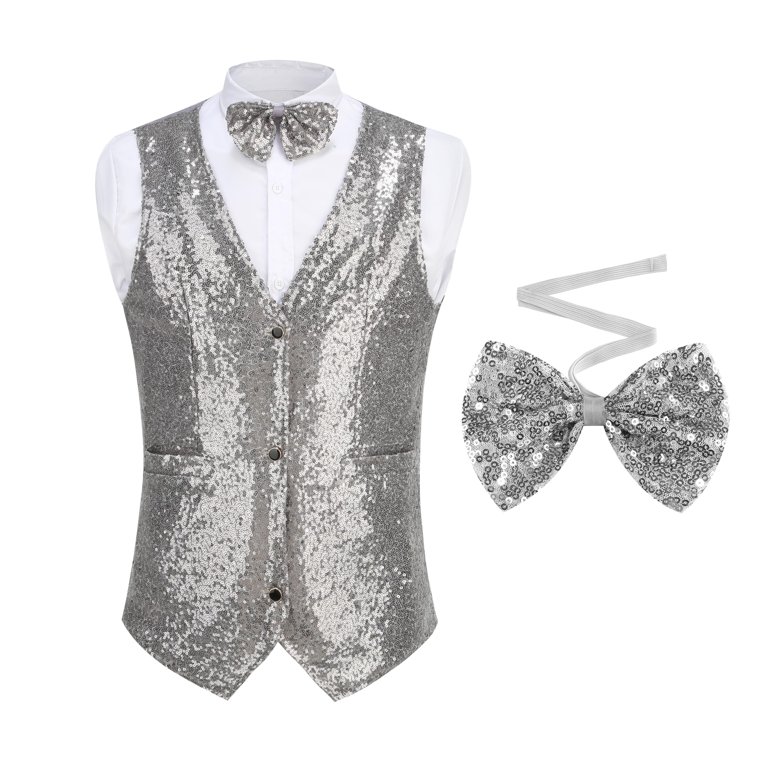 Mens Sequin Vest V-Neck Prom Vest Jacket Sparkly Shiny Party Dress Suit Waistcoat Bowtie Set-image-22