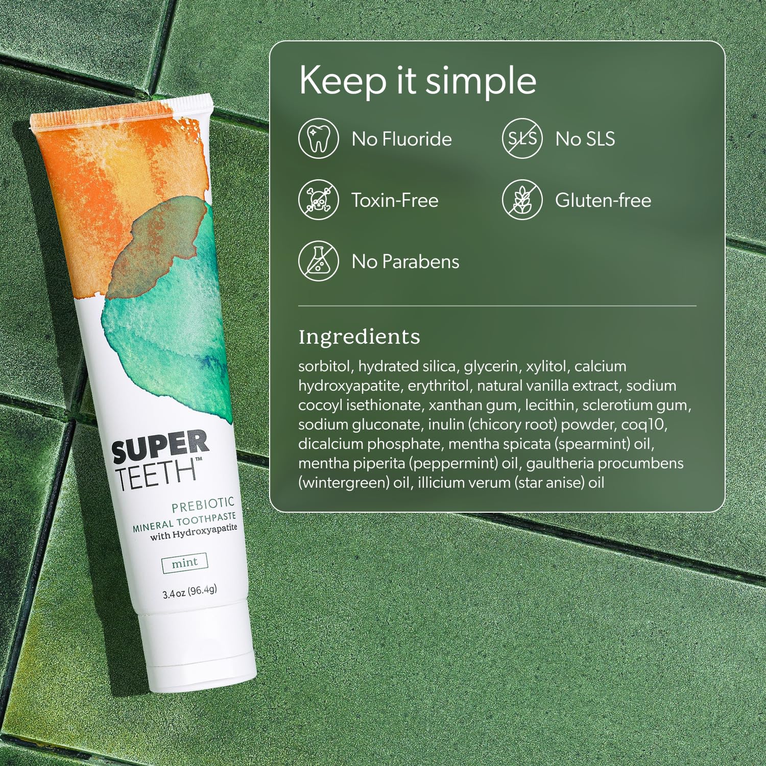 SuperTeeth - Pasta dental mineral prebiótica para adultos y niños con hidroxiapatita, combate las caries y la acumulación de placa, ambientador para el aliento, sin flúor y sin SLS, remineraliza los