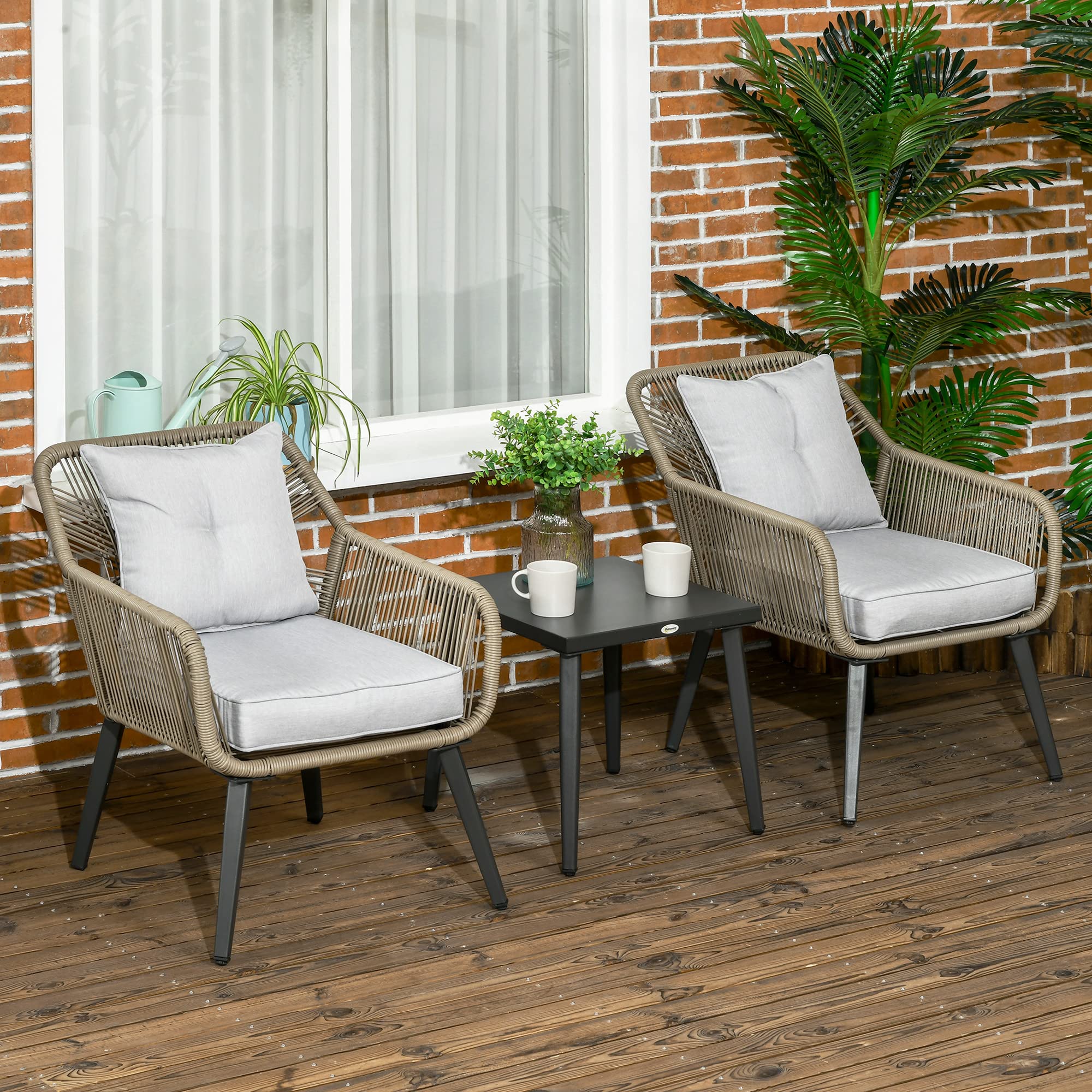 Outsunny Set Tavolino e Sedie da Giardino 3 Pezzi in Rattan PE e Acciaio con 2 Sedie Moderne e 1 Tavolino da Caffè, Grigio
