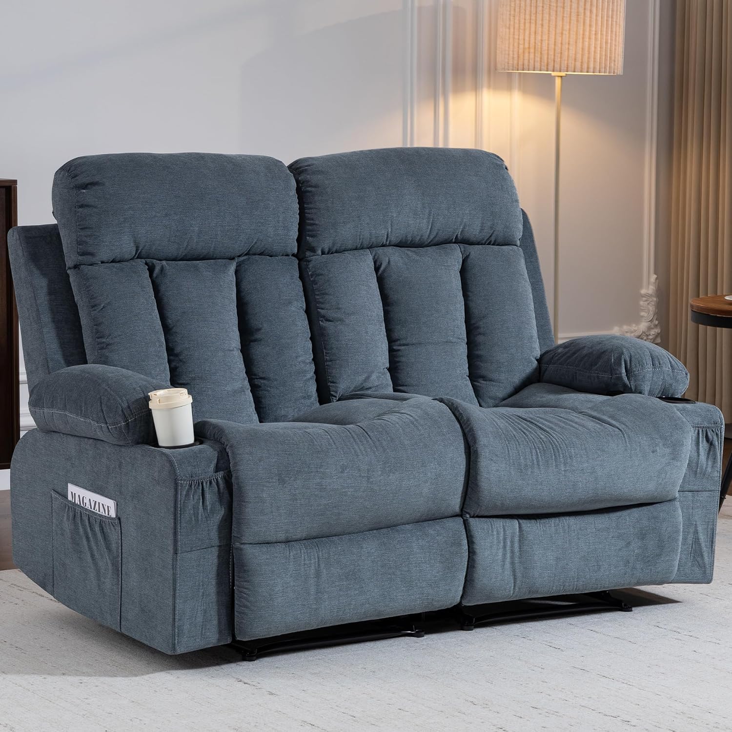 2-Seat Manual Recliner Chair, Loveseat Recliner Sofa with Cup Holders, Reclining Love seat Couch for Living Room, Home Theater, Small Spaces, Blue