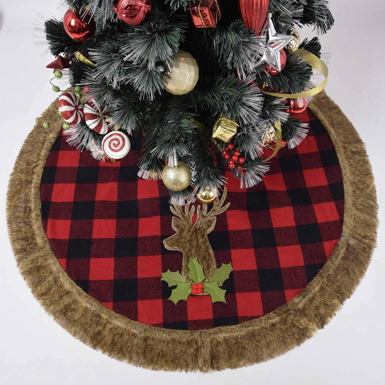Buffalo Check Plaid with Reindeer Faux Fur Applique Embroidey Center, Faux Fur Border 50" Christmas Tree Skirt