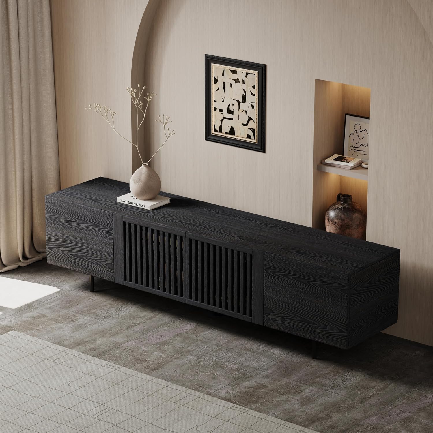 70.86" Mid Century Modern TV Stand for 70-100 Inch TV, Entertainment Center with Storage, Flowing Wave Design, Black