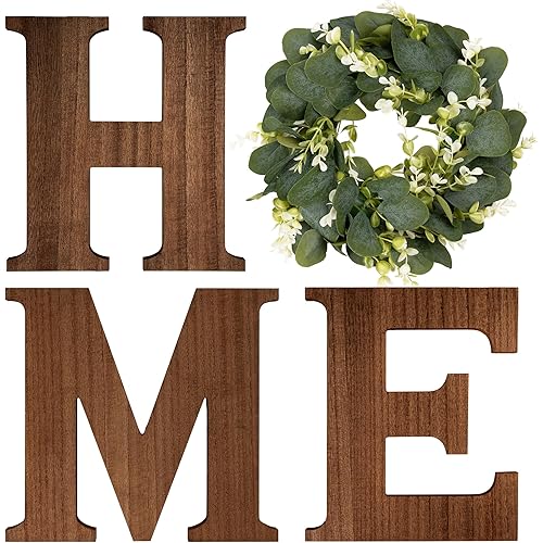 Oridom Wooden Home Sign with Artificial Eucalyptus Wreath for O, Rustic Wall Decor Home Hanging Letters Decorations for Living Room Hanging Farmhouse House Wall Decor Entryway Decor Housewarming Gift