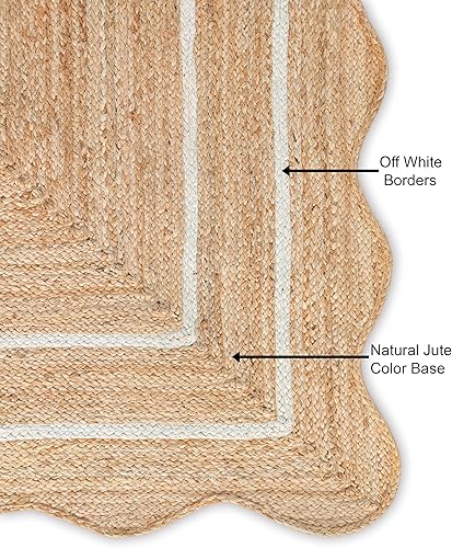 Miniatura 2 de Alfombra ondulada de yute natural festoneada, alfombra de yute bohemio para entrada, alfombra de pasillo de granja, alfombra de vieira color blanco