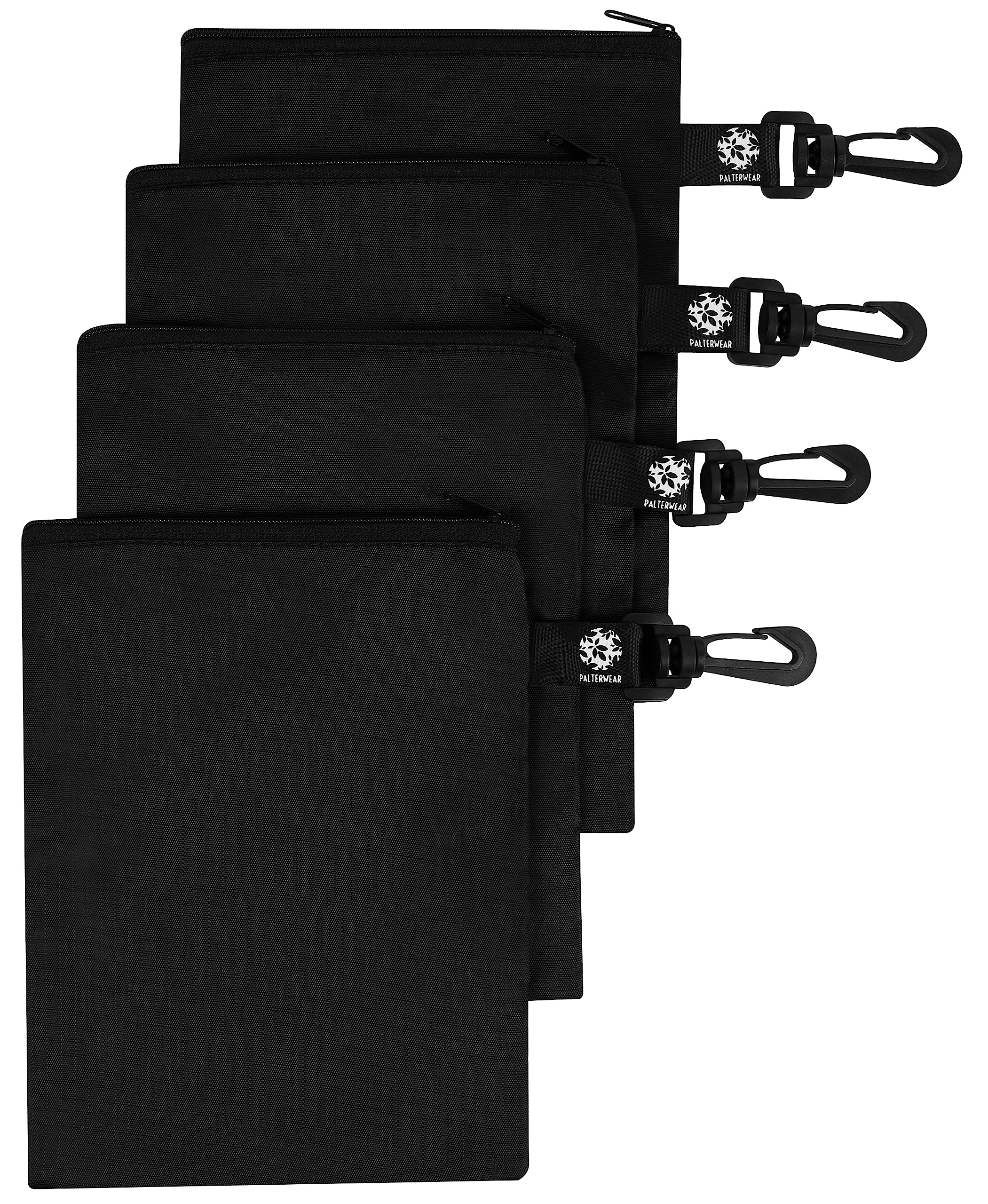 PALTERWEAR Ripstop Nylon Zipper Bag with Clip - Set of 4 (Black, 6 x 8 inch)
