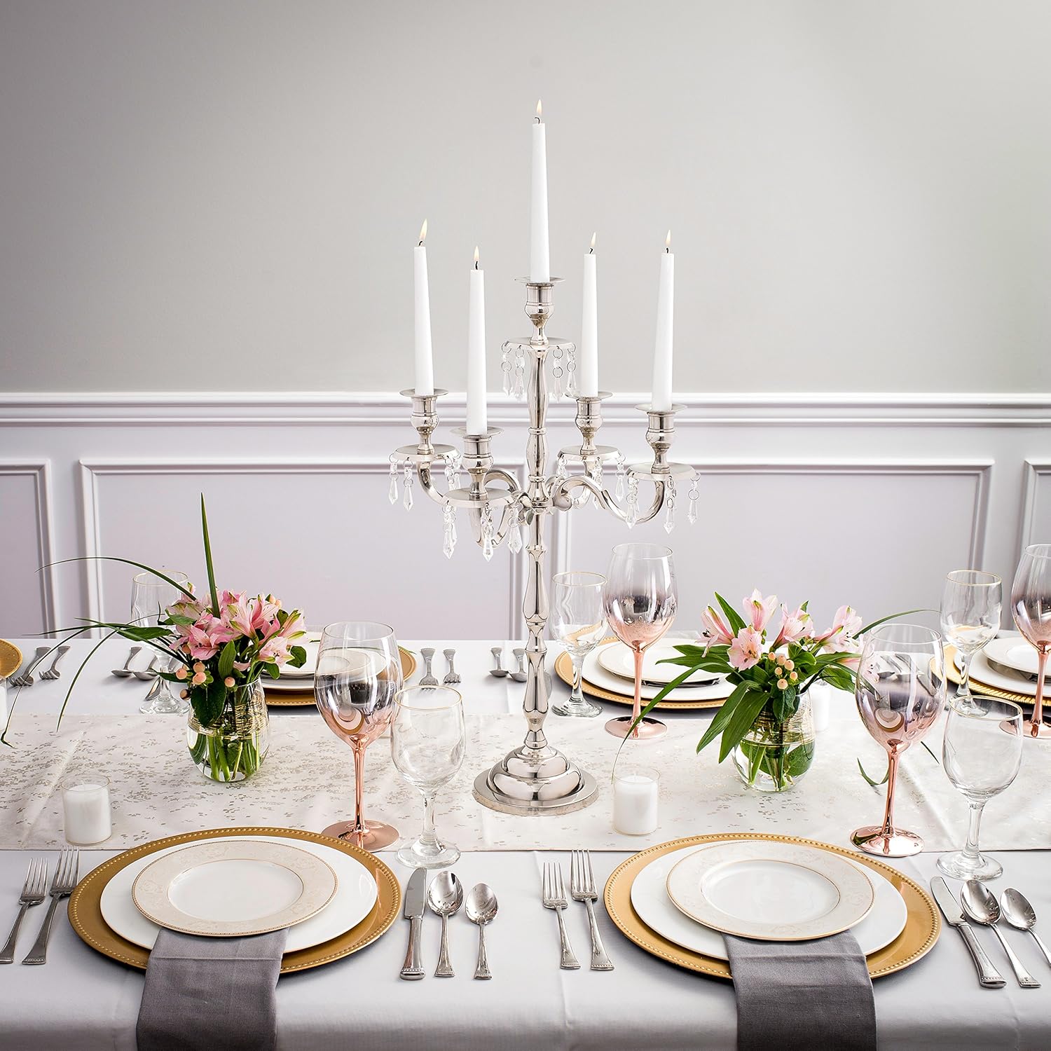 Klikel 5 Arm Candelabra - Wedding Table Centerpiece - Silver Candelabra - Candle Holder is Nickel Plated Aluminum With Acrylic Crystal Dangles And Globes - 24 Inch High: Home & Kitchen