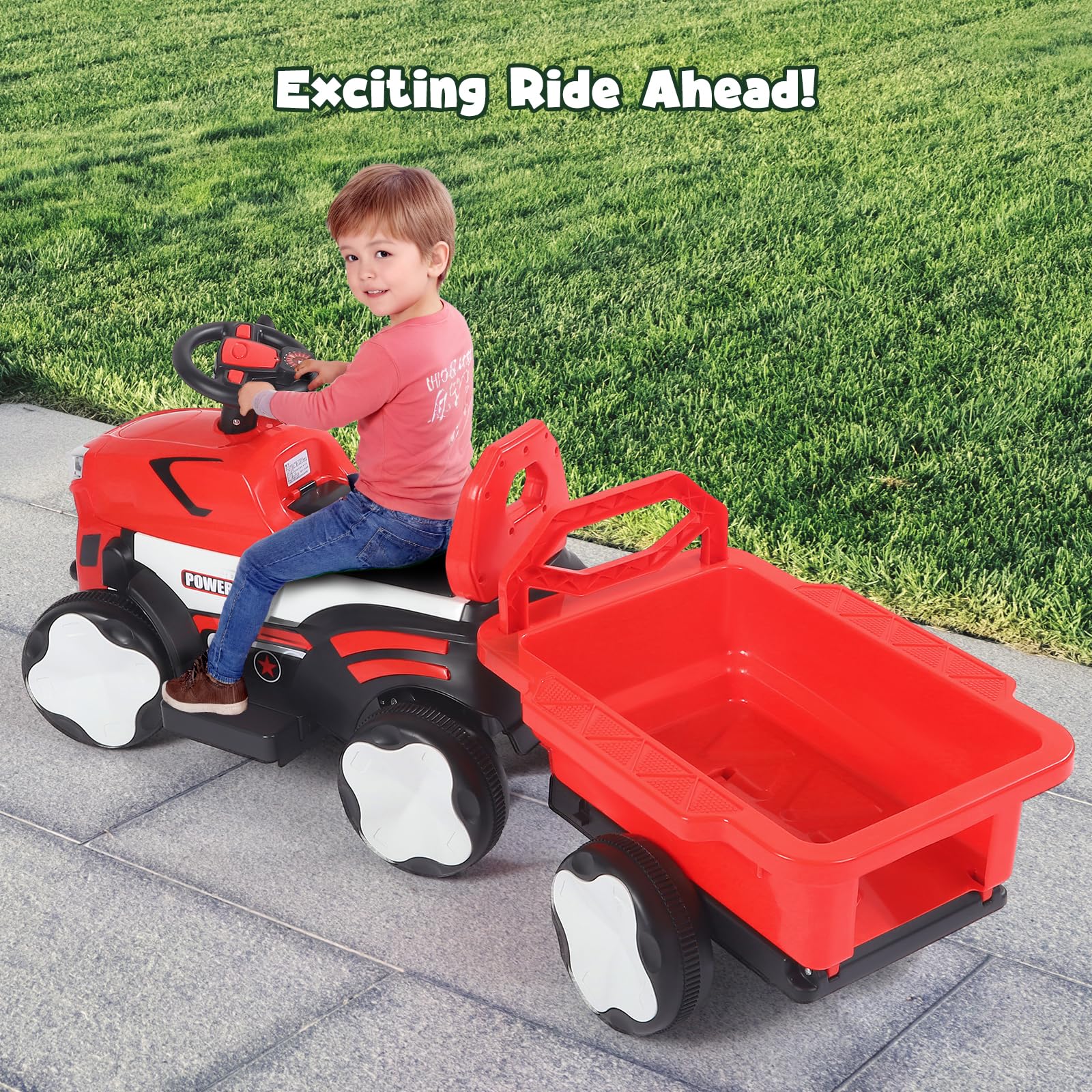 Trattore elettrico con rimorchio, trattore per bambini con telecomando, luci a LED, musica, funzioni USB, portata 50 kg, per bambini dai 1 ai 3 anni (rosso-tractor)