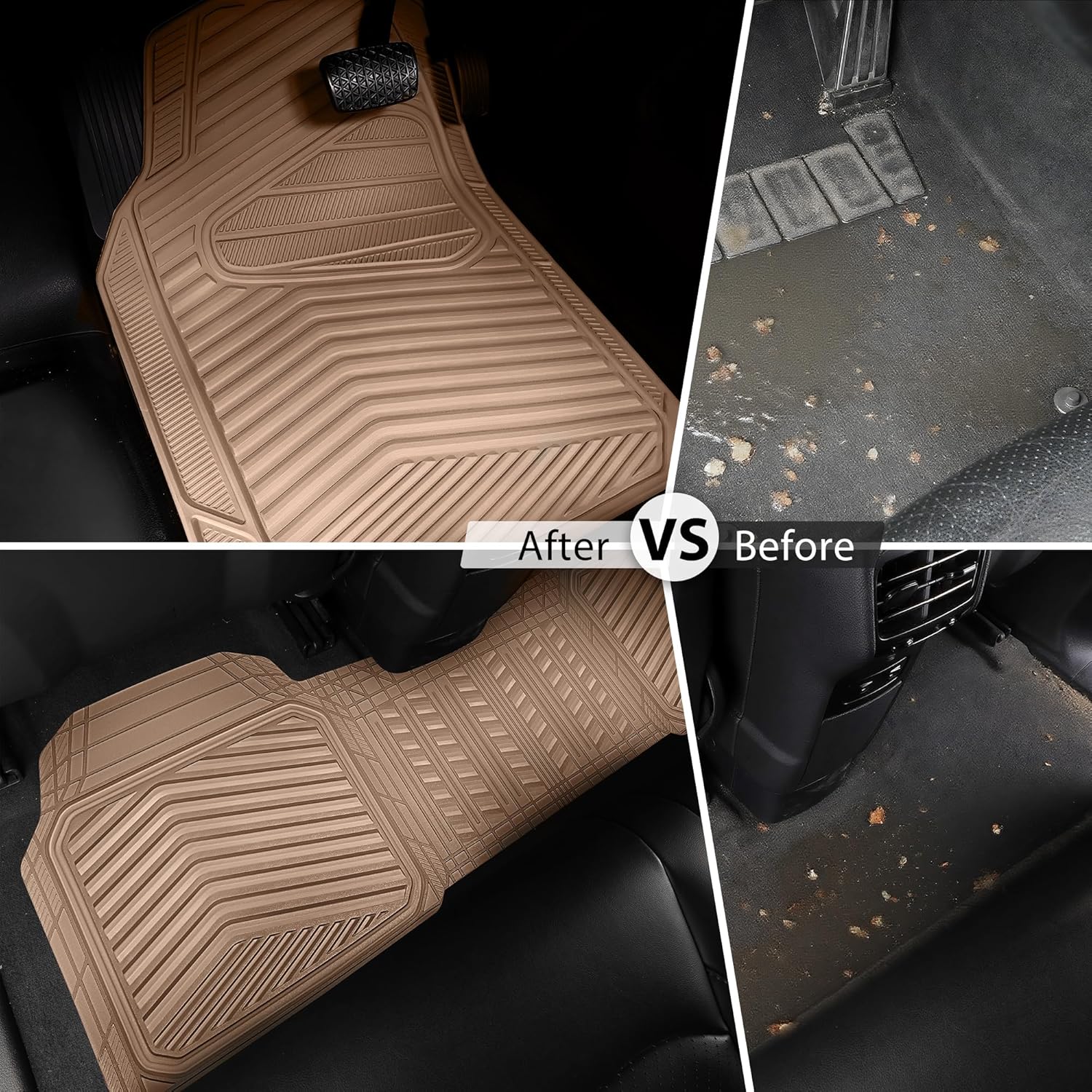 CAR PASS Rubber Car Mats, Waterproof Car Floor Mats All Weather Car Mat Full Set 3 Piece, Tan Automotive Floor Mat Trim to Fit for Cars Sedan SUVs Trucks Heavy Duty Anti-Slip Easy Clean, All Beige