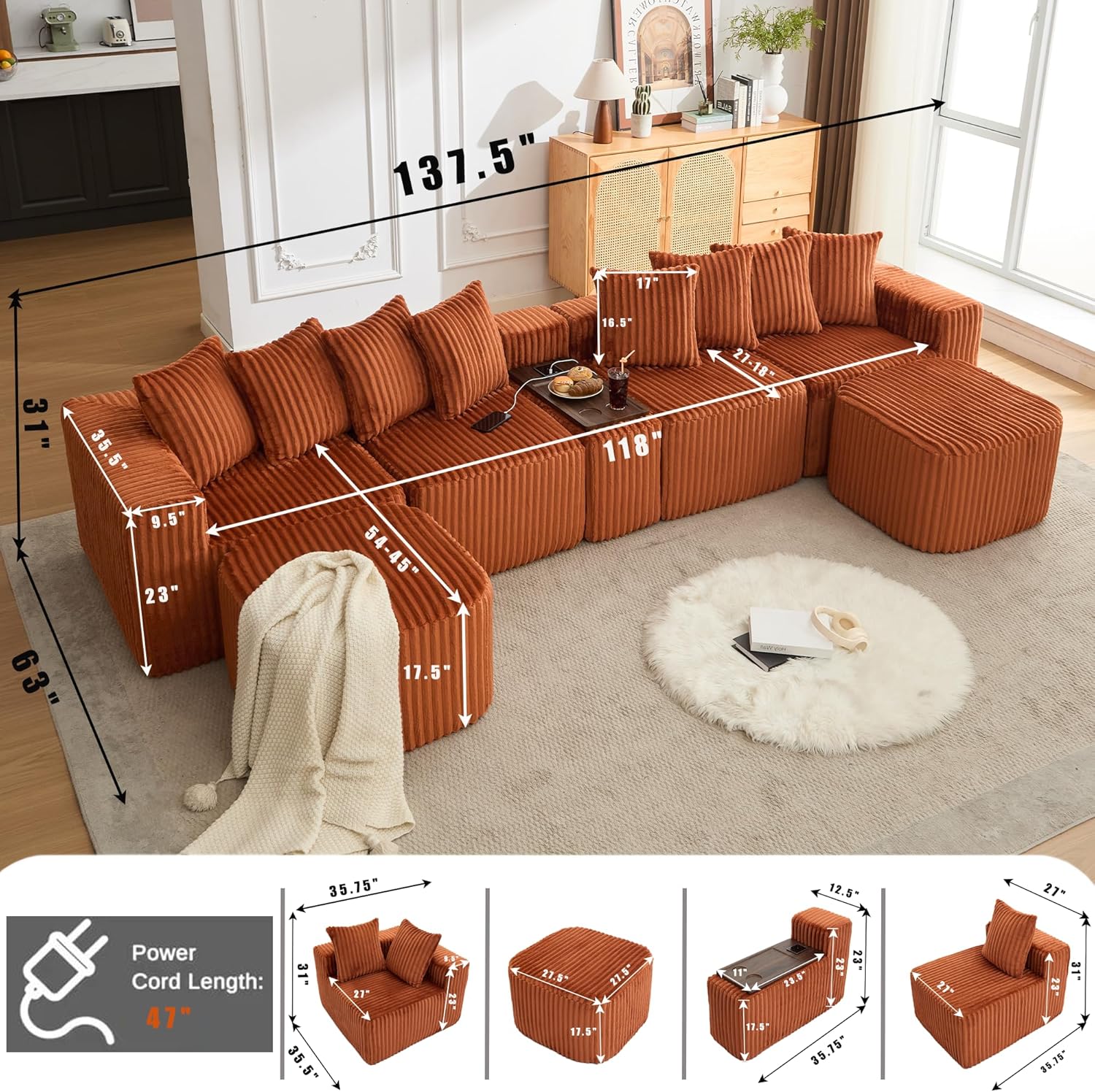 KEIKI 137.5" Modular U Shaped Sofa, Oversized Corduroy Sectional Couch with Movable Footstool, Cup Holders, Wireless Charging Board, Flexible No Assembly Sofa for Apartment or Loft