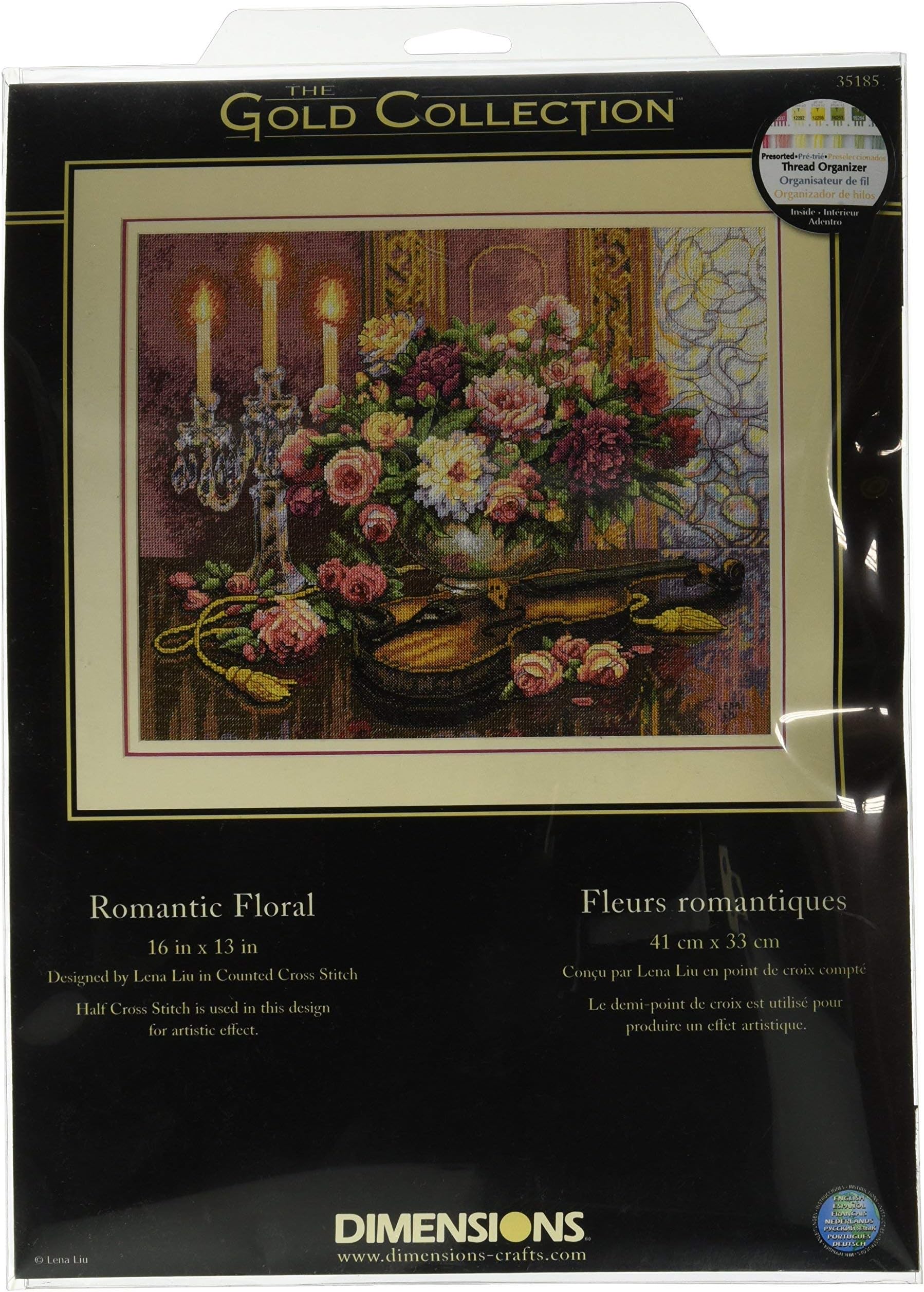 Gold Collection Counted Cross Stitch Kit, Romantic Floral, 14 Count Beige Aida, 13'' x 16''