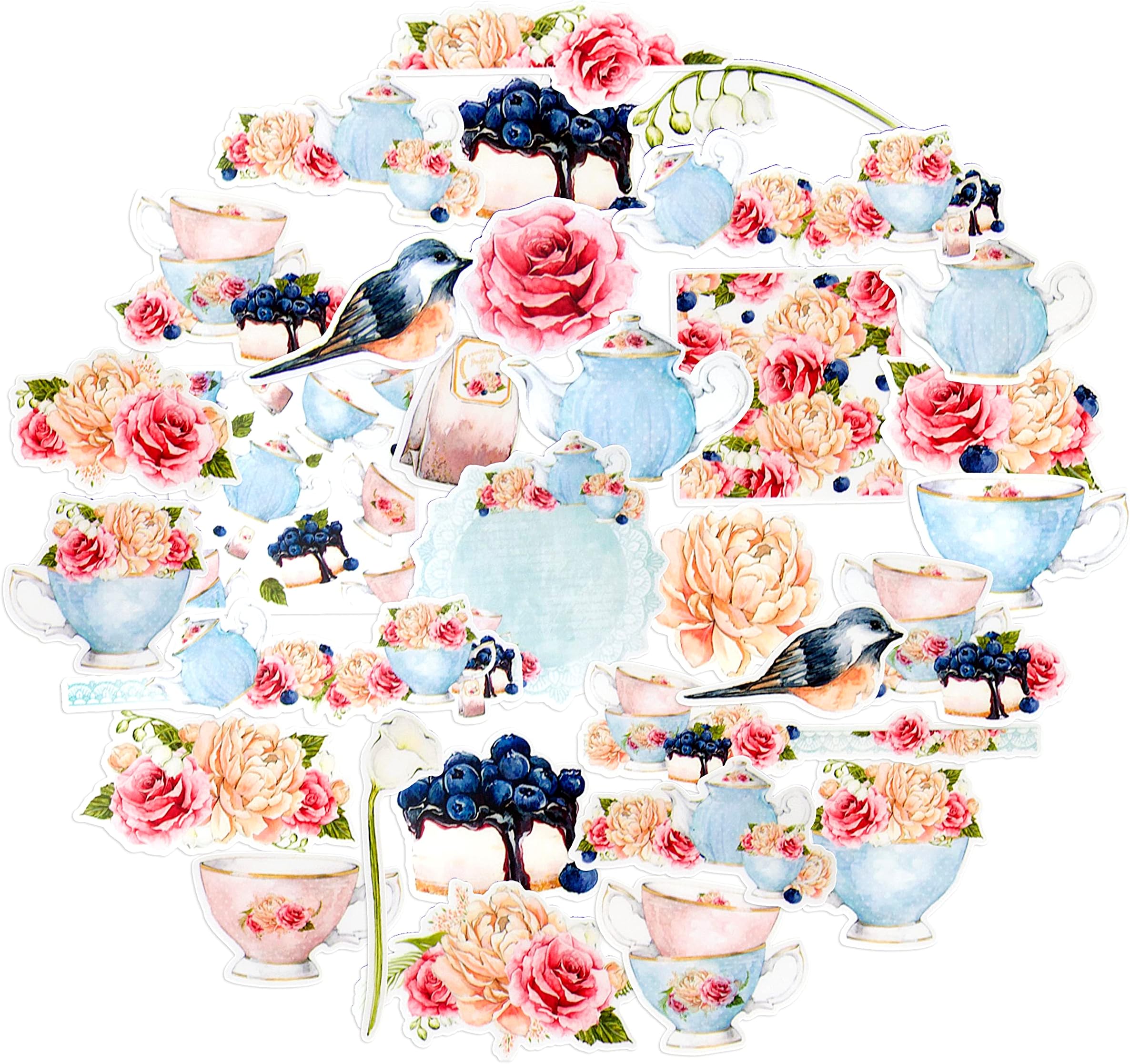 Navy PeonyClassy Tea Party Stickers and Decals (31 Pieces) | Blue Food and Flower Stickers for Water Bottles | Cute Stickers for Scrapbooks and Journals | Waterproof Stickers for Laptops