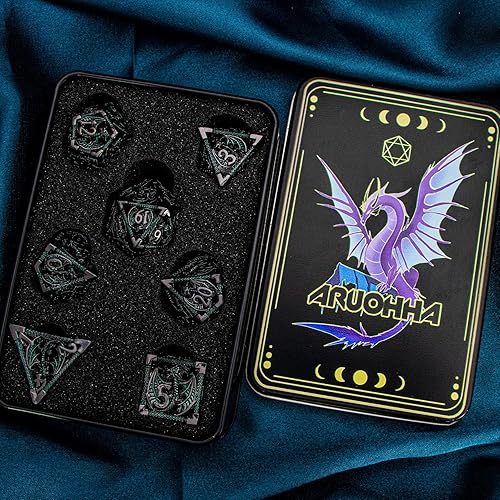 Miniatura 13 de ARUOHHA Juego de dados huecos DND, 7 piezas de dados de metal arcoíris D y D, juegos de rol RPG, dados poliédricos con caja de regalo D20 D12 D10 D8