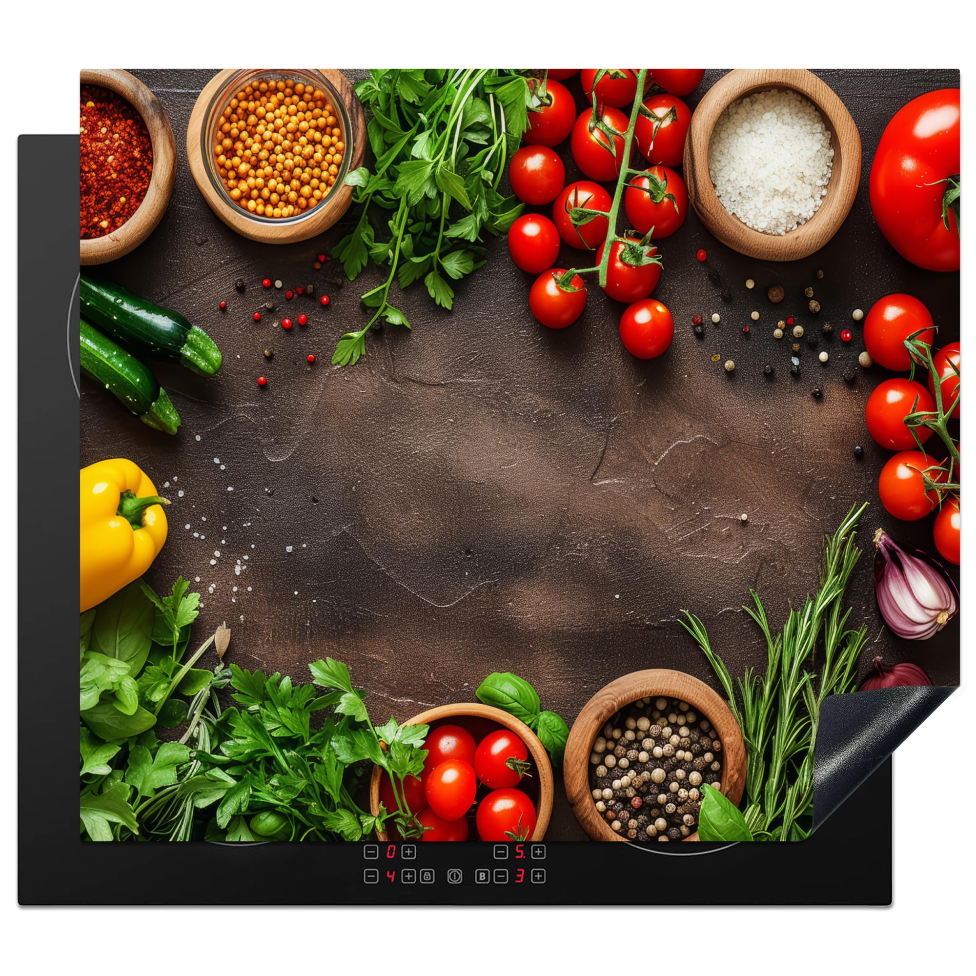 KitchenYeah© Induction Hob Protector Mat 20.2"x22.9" / 58.3x51.3 cm Cooker Top Protectors Cover Ceramic Covers Electric Hobs Vinyl Vegetables - Tomatoes - Concrete - Herbs — image 1