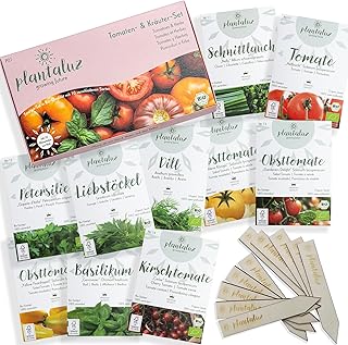 Plantaluz® Bio Premium Saatgut Set – 10 Sorten Tomaten & Kräuter Samen – Samenfeste Bio-Qualität für Garten & Balkon – Liebevolle Geschenkidee inkl. beschriftbarer Pflanzenstecker