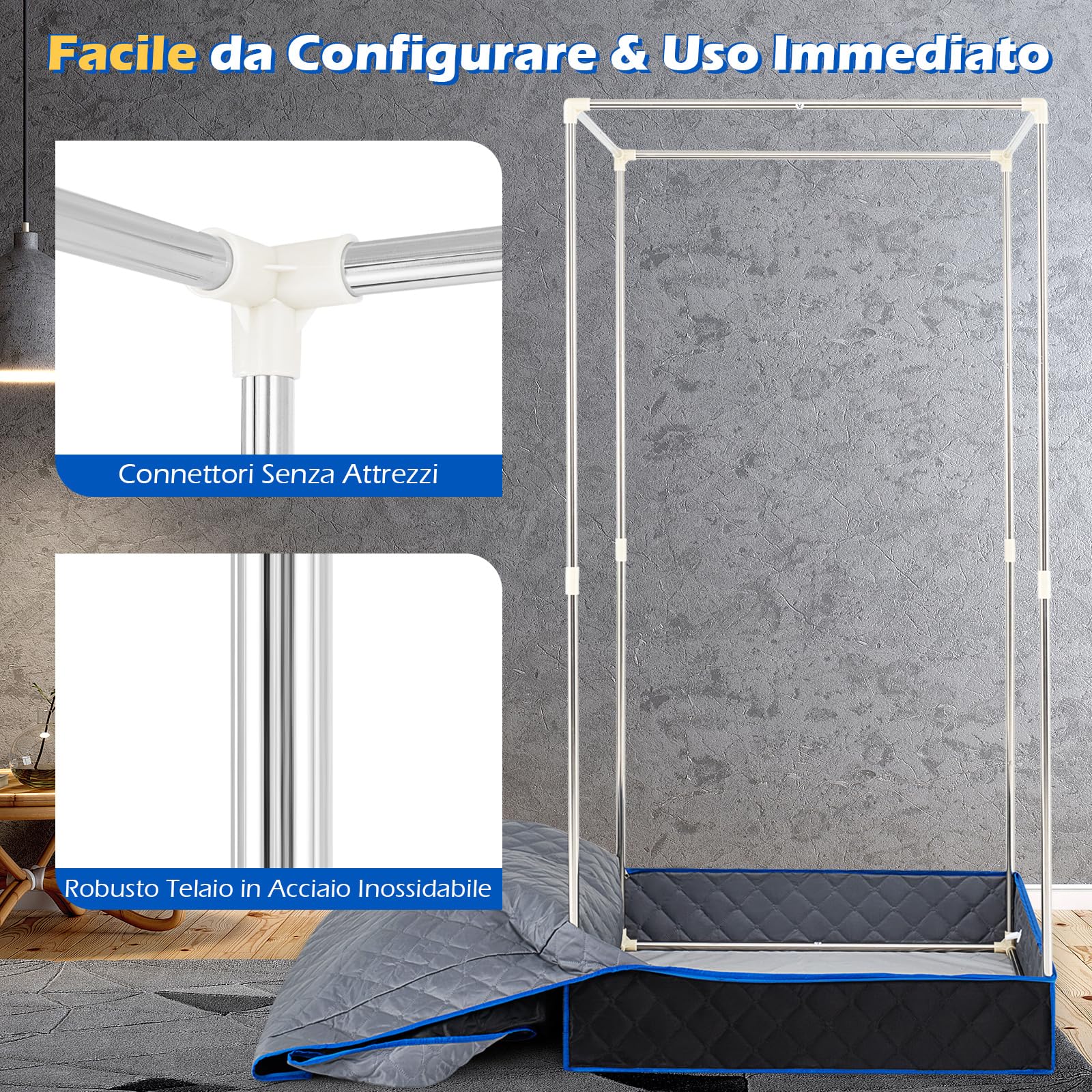COSTWAY Cabina Sauna a Vapore 3L 1200W Riscaldamento Rapido 15 Livelli Temperatura Timer 99 Minuti Sedia Pieghevole Tappetino Blu