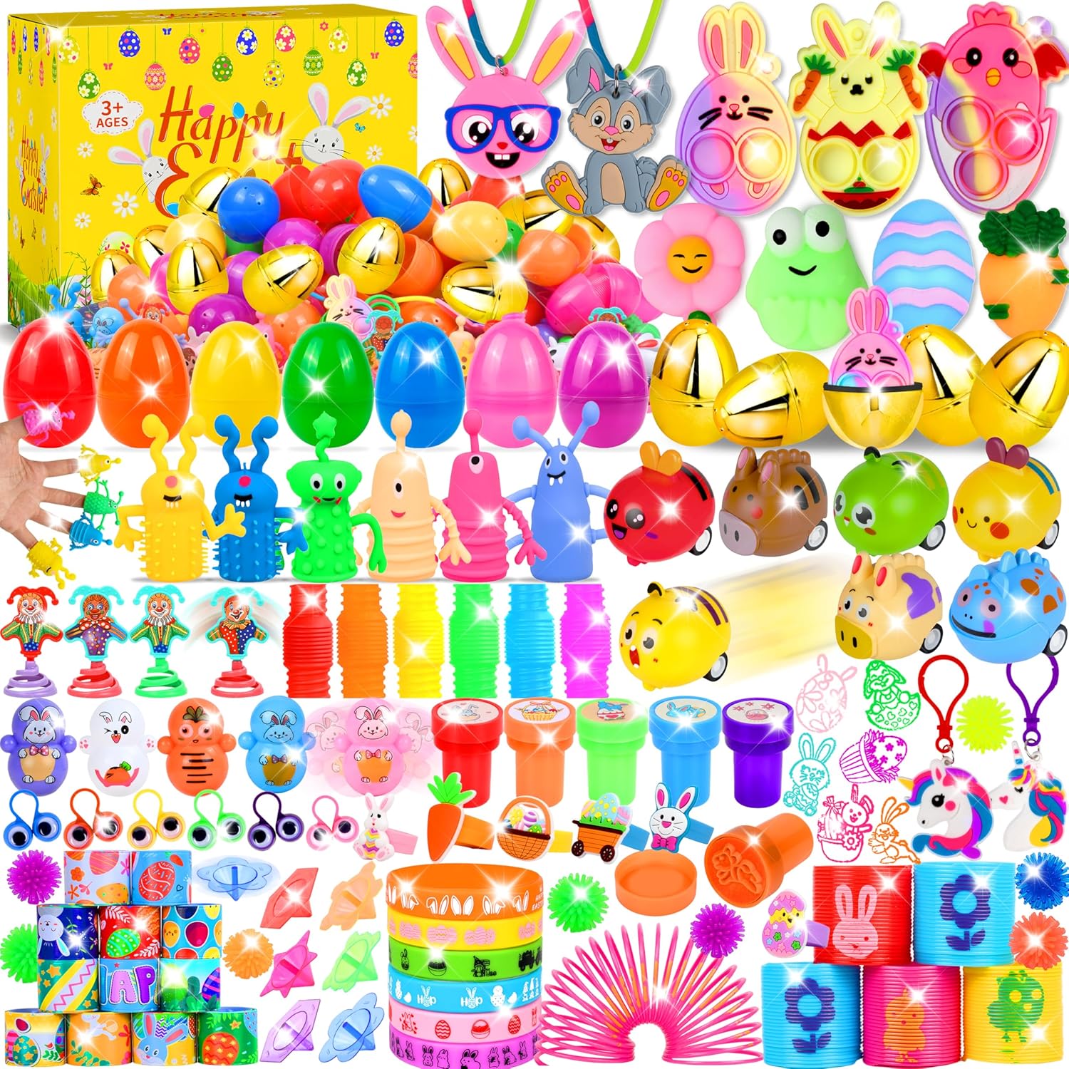 330 Pcs Easter Egg Hunt Set Includes 110 Prefilled Plastic Eggs with 220 Assorted Novelty Toys and Rings, Keychain, Stickers for Easter Baskets and Party Supplies