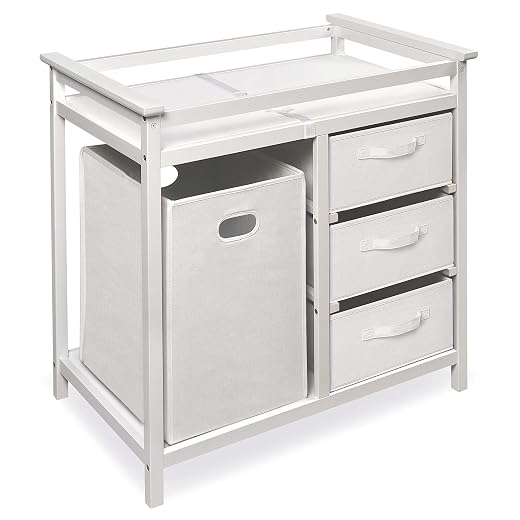 Badger Basket Modern Baby Changing Table with Laundry Hamper, 3 Storage Drawers, and Pad - Fresh White