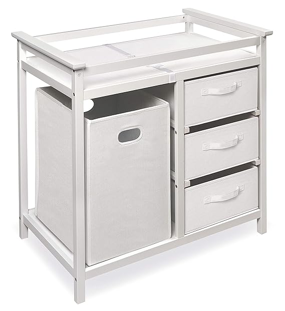 Badger Basket Modern Baby Changing Table - Nursery Furniture with Laundry Hamper and 3 Storage Drawers - Diaper Changing Station with Safety Belt, Changing Pad, and Organizer Baskets - White/White
