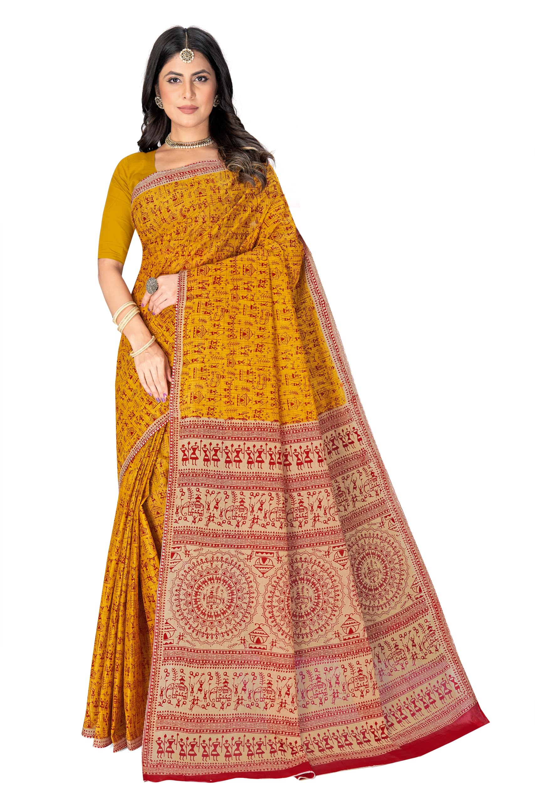 Tamaira Fashion Women's Warli Printed Pure Cotton Mulmul Saree Without Blouse Piece(2534_Mustard)