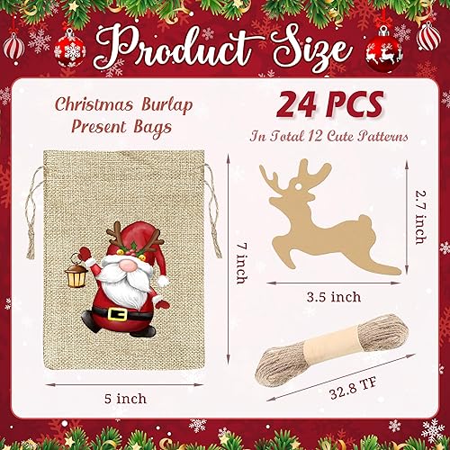 Miniatura 9 de BORAMDO Bolsas de regalo de arpillera de Navidad con cordones, 24 unidades, diseño de cuadros de búfalo de acuarela, 12 diseños, bolsas de regalo de