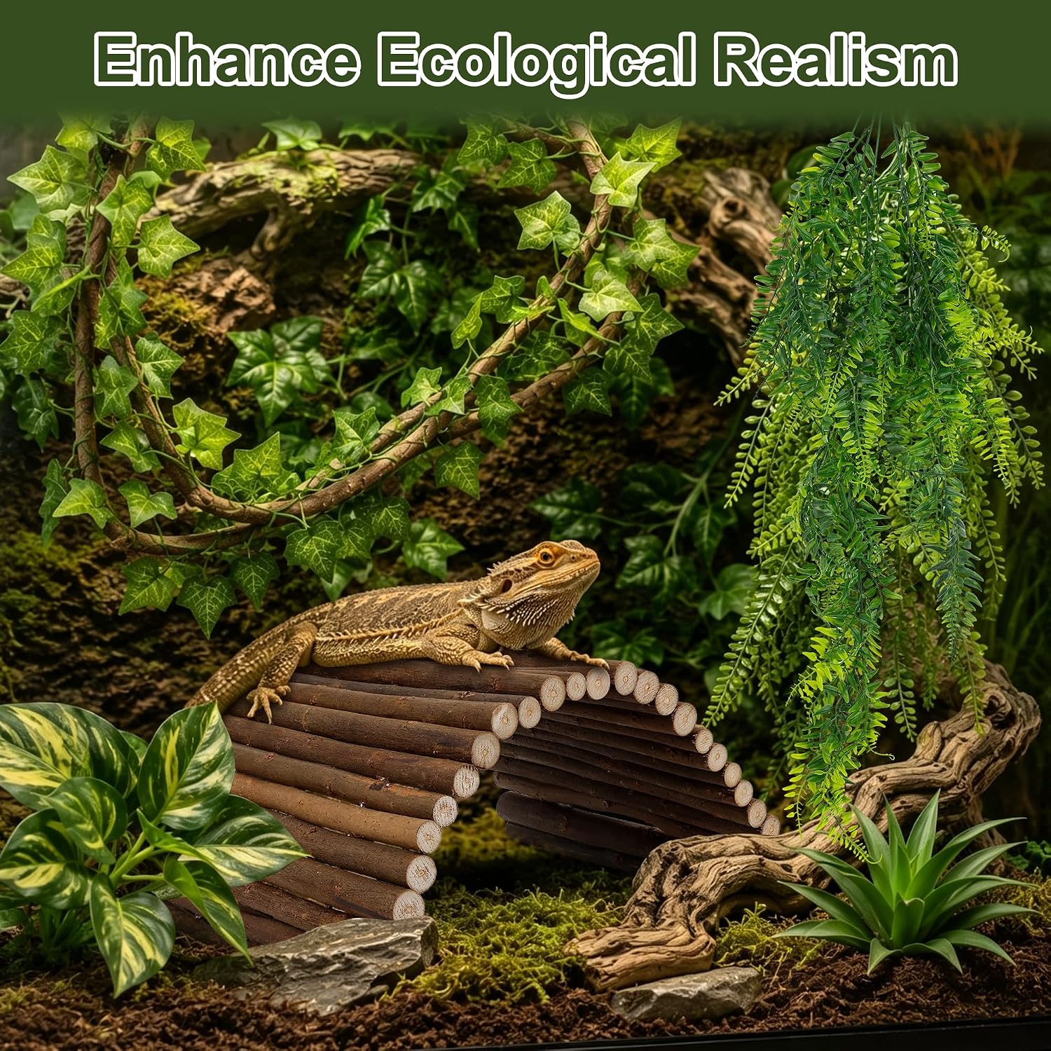 23''×20'' Reptile Hide Bearded Dragon Tank Accessories Bridge Hideout&Vine | Large Climbing Wooden Bridge Hideout & Hanging Plant Vines Artificial Leaves for Snake Lizard Tortoise Leopard Gecko