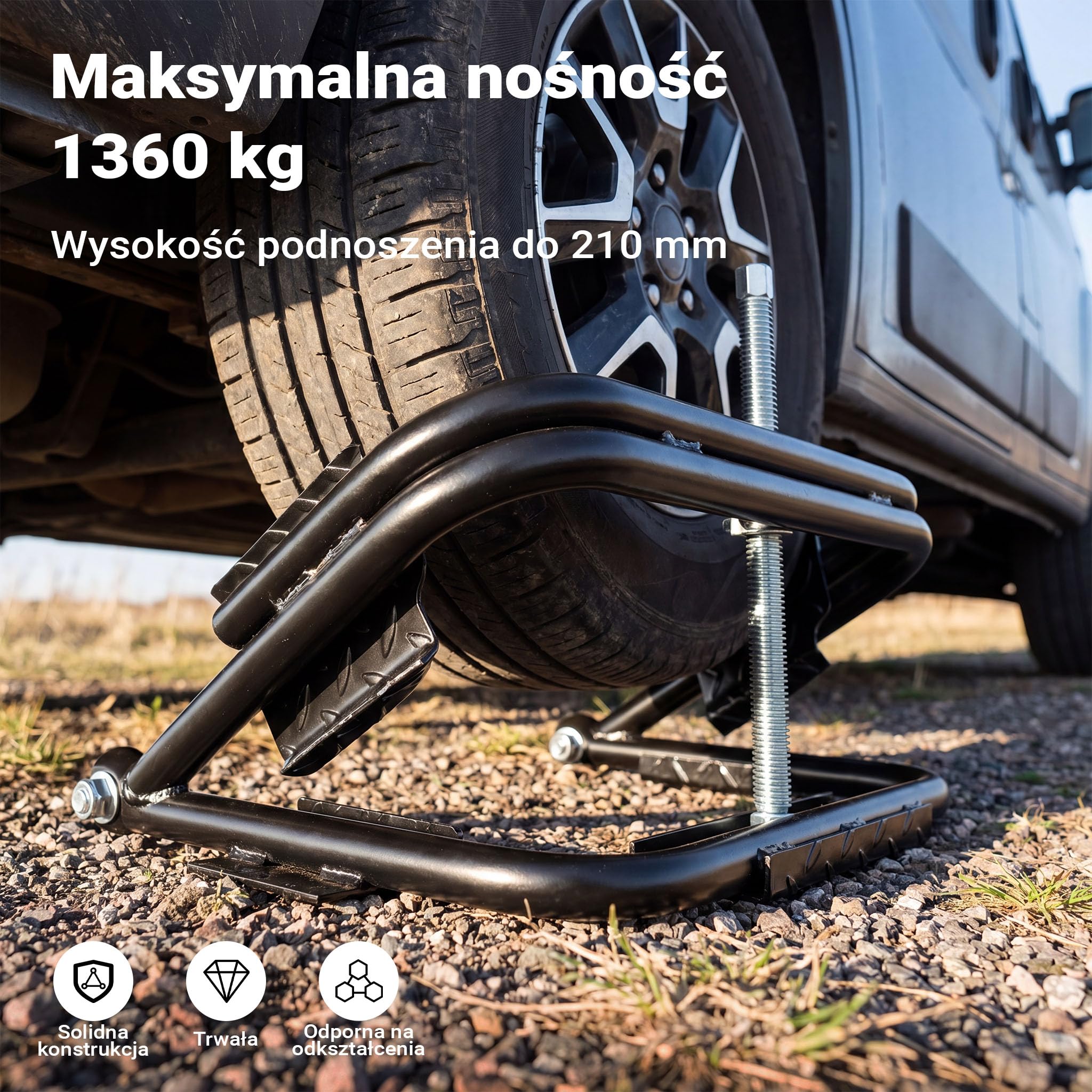 Wiltec Podnośnik do przyczepy kempingowej do 1360 kg, ze stali, ręczne wyrównanie kampera dla opon 14“-15“, niwelacja przez koło, z kluczem