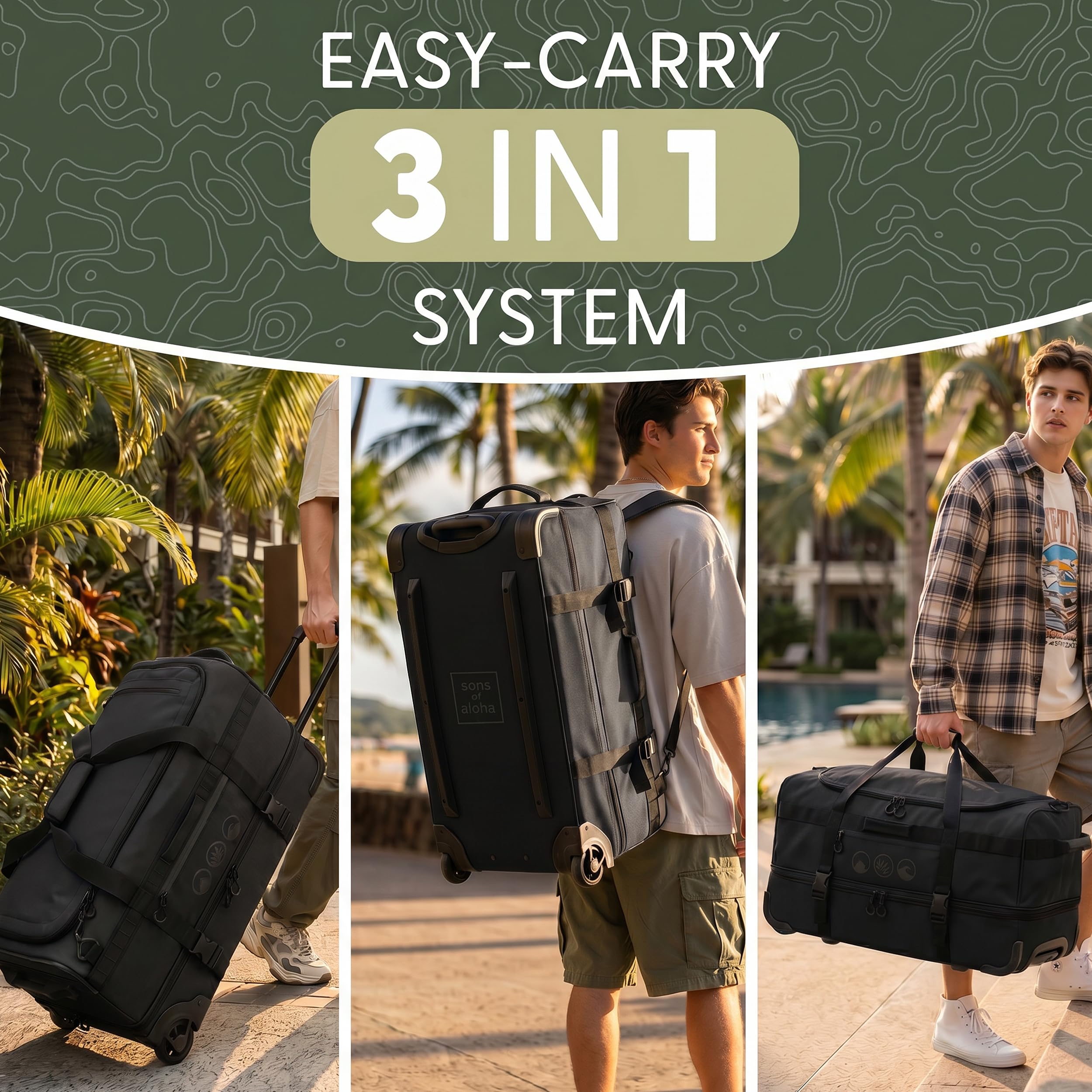 XL Reisetasche mit Rollen 3-in-1 Rucksack und Trolley wasserabweisend | Flow mit Schuhfach und Schutzecken für Herren & Damen | XL Reise-Rucksack aus hochwertigem Ripstop schwarz