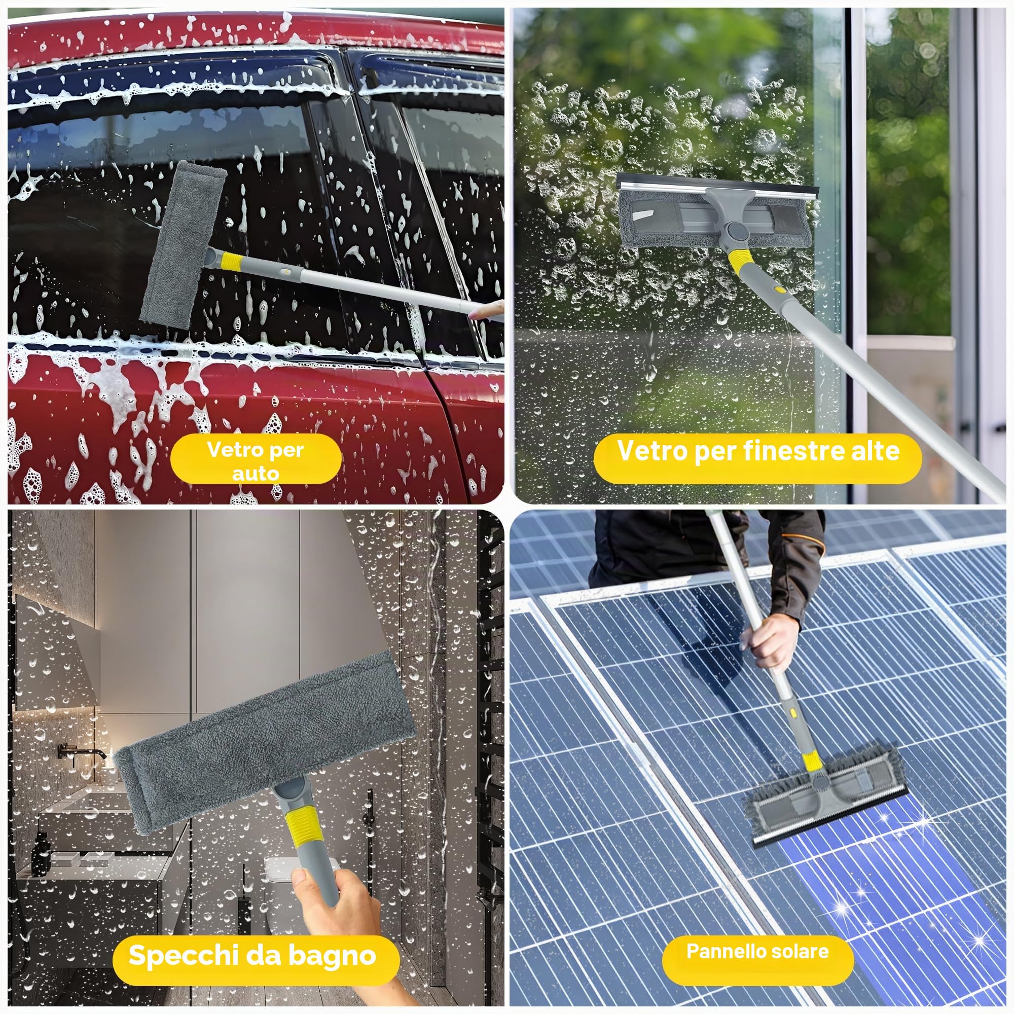 JEHONN Lavavetri con Manico Telescopico 163 cm, Pulisci Vetri Finestre Professionale, Tergivetro in Silicone con Tampone Microfibra e Tapis Chenille, Tergipavimento per Pareti di Vetro Bagno Auto