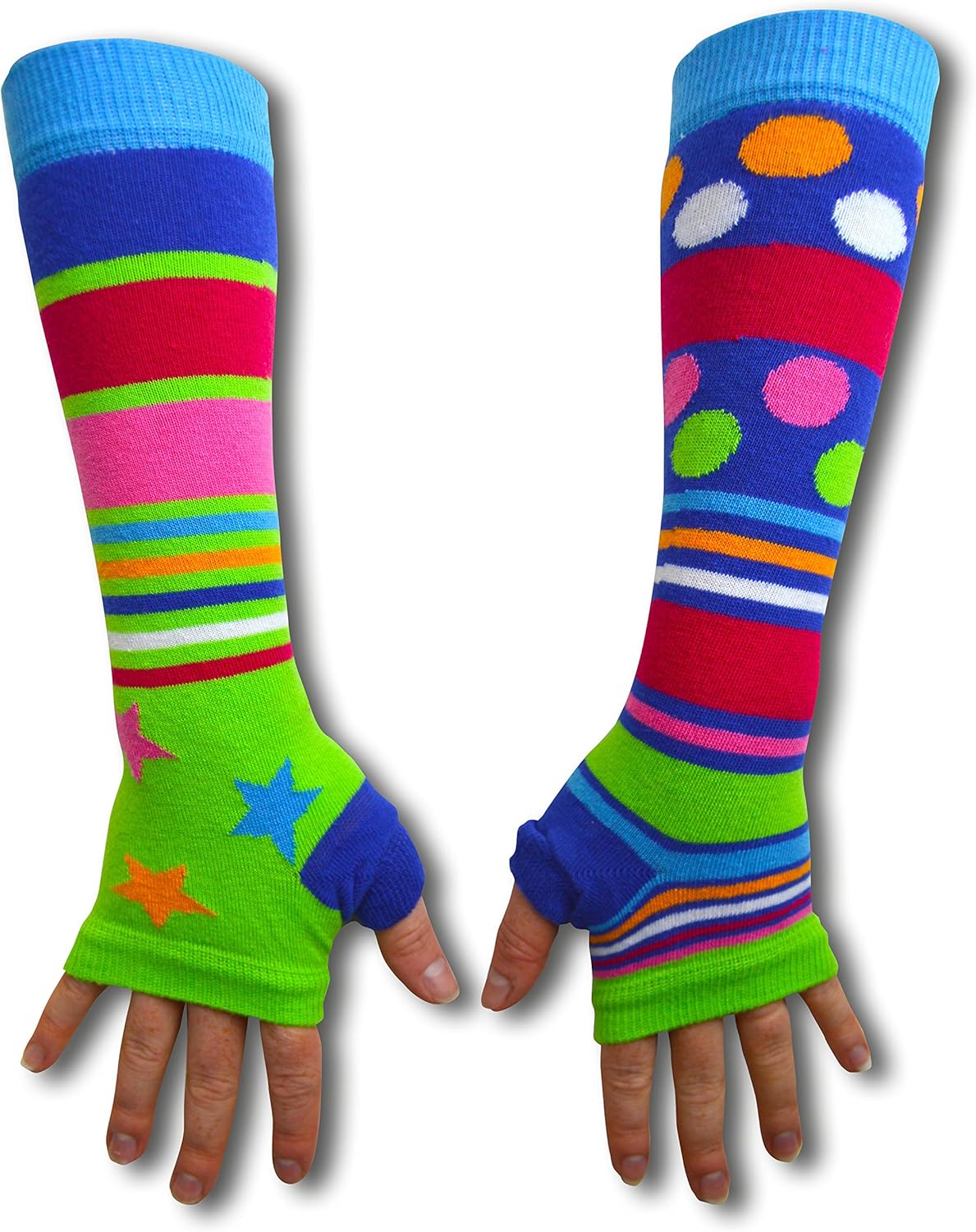 Ladies Girls Mis Match Armwarmers Green Spots & Stripes