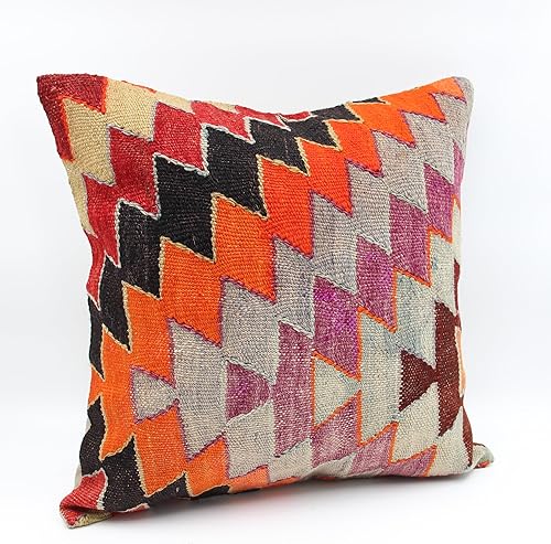 Accent Kilim Pillow Cover 18x18 inch Oriental Vintage Bohemian Crochet Anatolian Turkish Ottoman Country Home Design Decorative Chevron Modern
