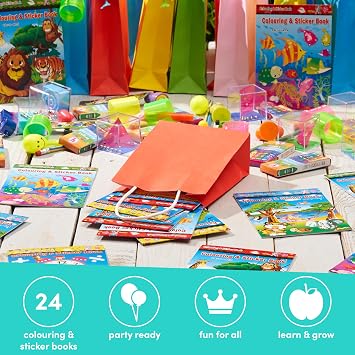 THE TWIDDLERS 24 Mini Colouring Books for Party Bags with Stickers, A6 Size - Multipack Kids Party Bag Fillers and Favours, Ideal for School Classrooms, Travel, Birthdays, Weddings, Restaurants
