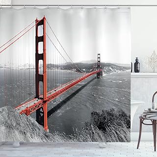 Ambesonne USA Shower Curtain,Civil Engineering History of Golden Gate Bridge with Monochromatic Travel Destinations for Viewing, Cloth Fabric Bathroom Decor Set with Hooks, 69" W x 70" L, Grey Red